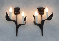 French Brutalist Black Tulip Wall Light Sconces Mid Century C1960
