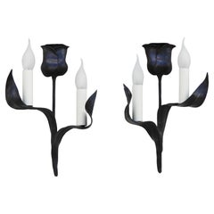French Brutalist Black Tulip Wall Light Sconces Mid Century C1960