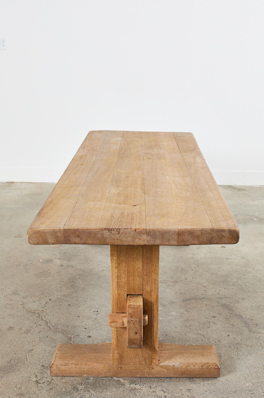 French Brutalist Bleached Oak Farmhouse Trestle Dining Table  6