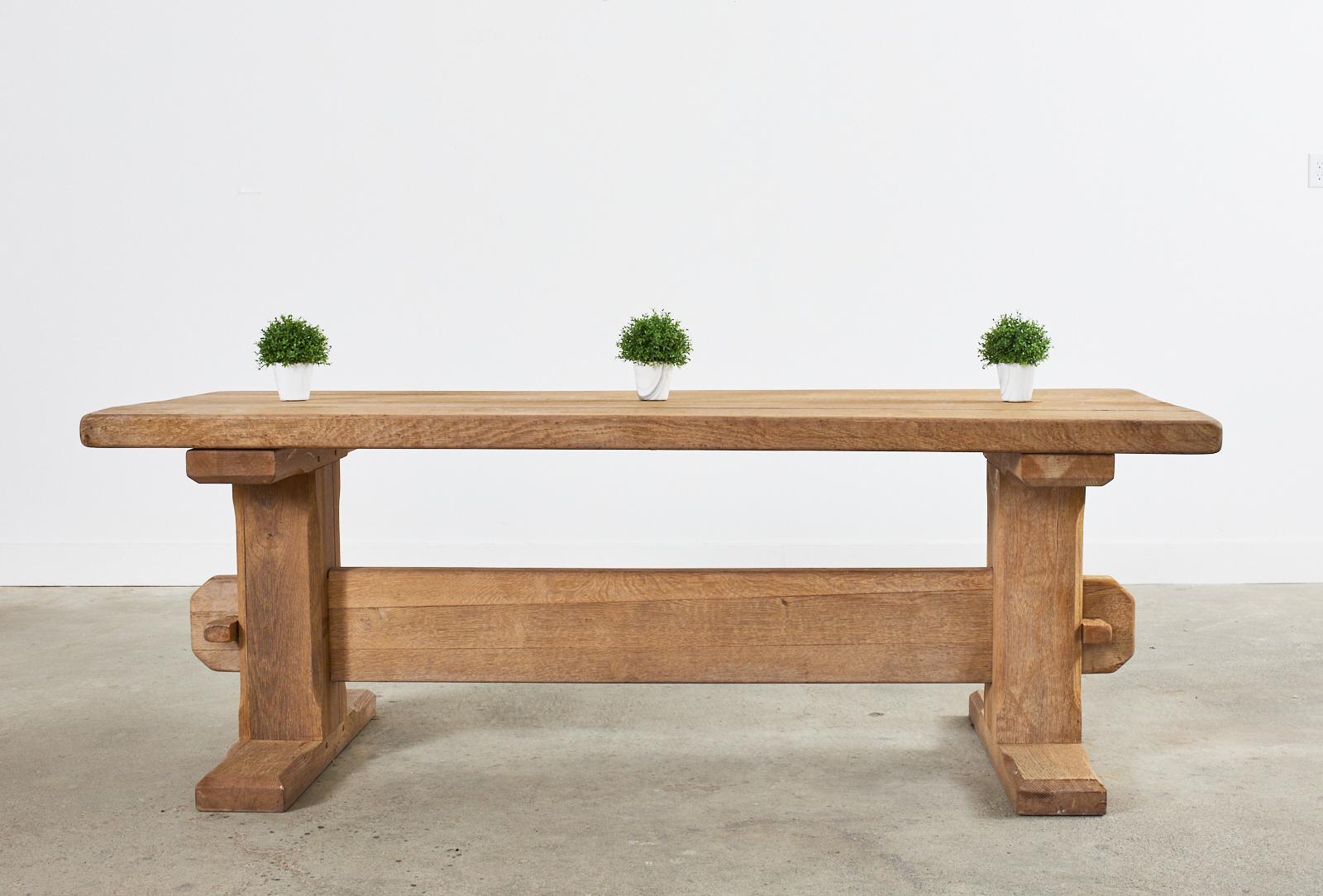 French Brutalist Bleached Oak Farmhouse Trestle Dining Table  9