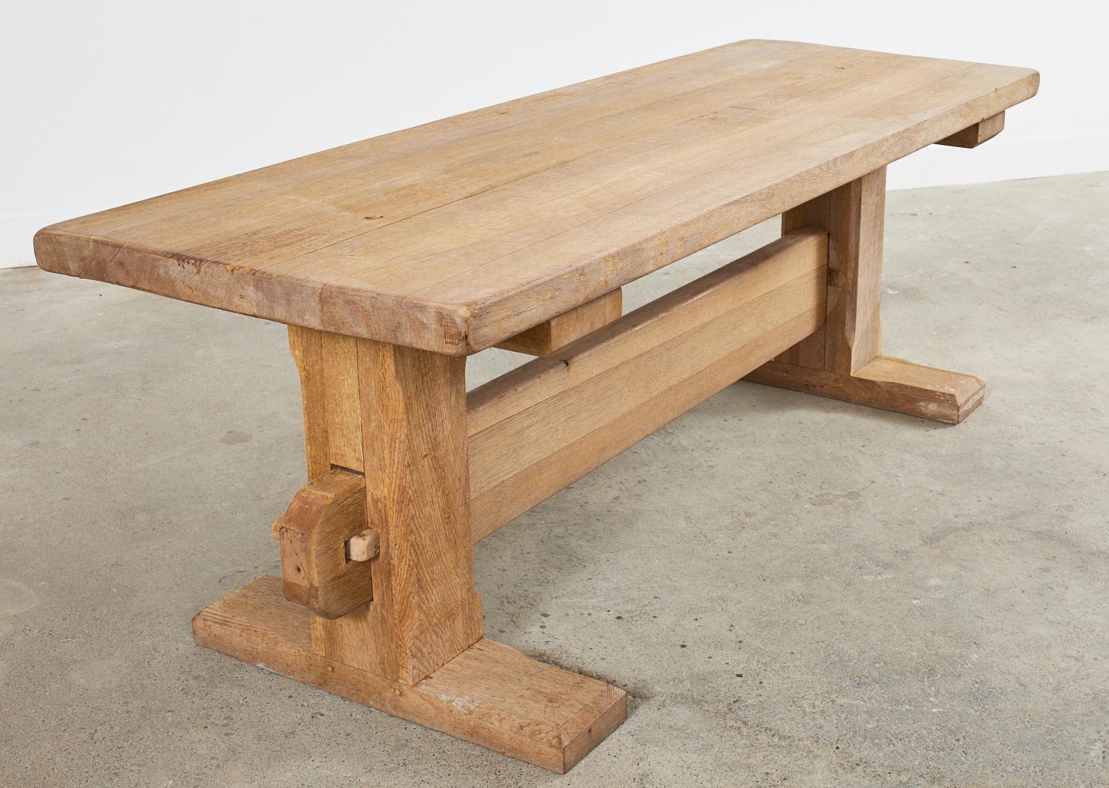 French Brutalist Bleached Oak Farmhouse Trestle Dining Table  14