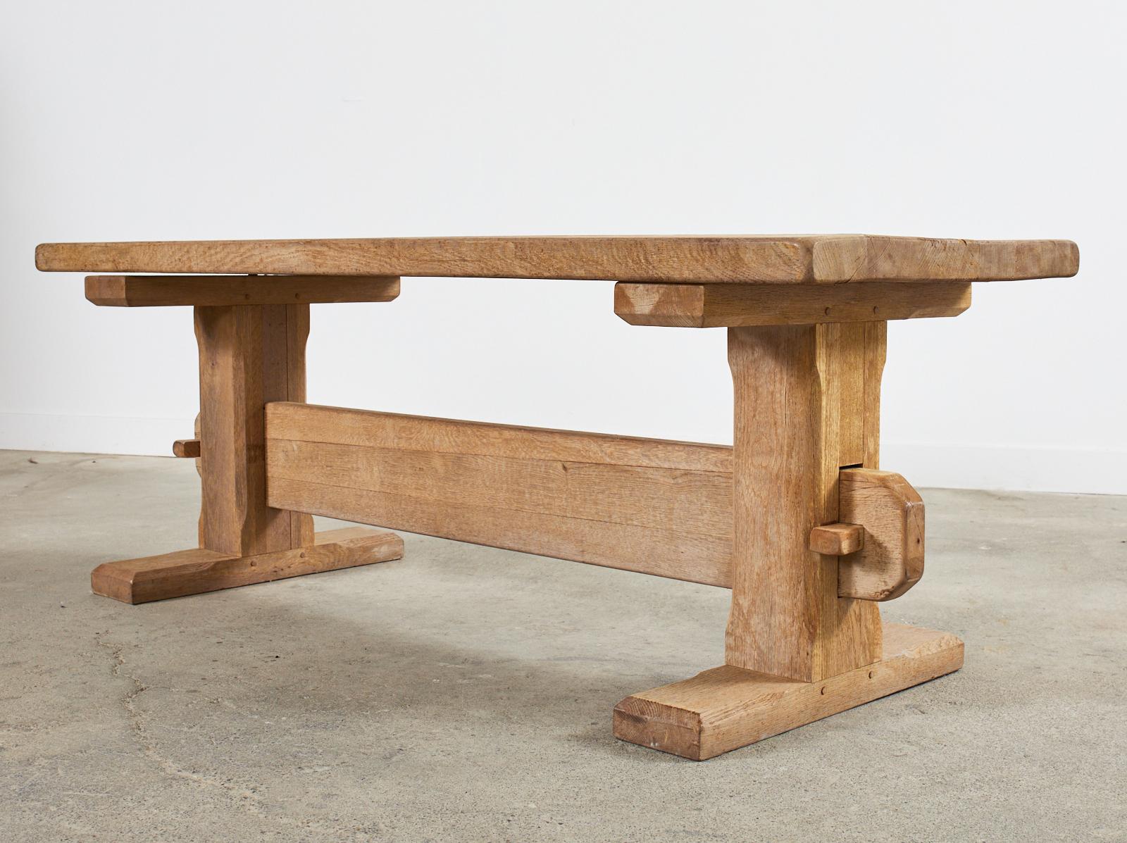French Brutalist Bleached Oak Farmhouse Trestle Dining Table  In Good Condition In Rio Vista, CA