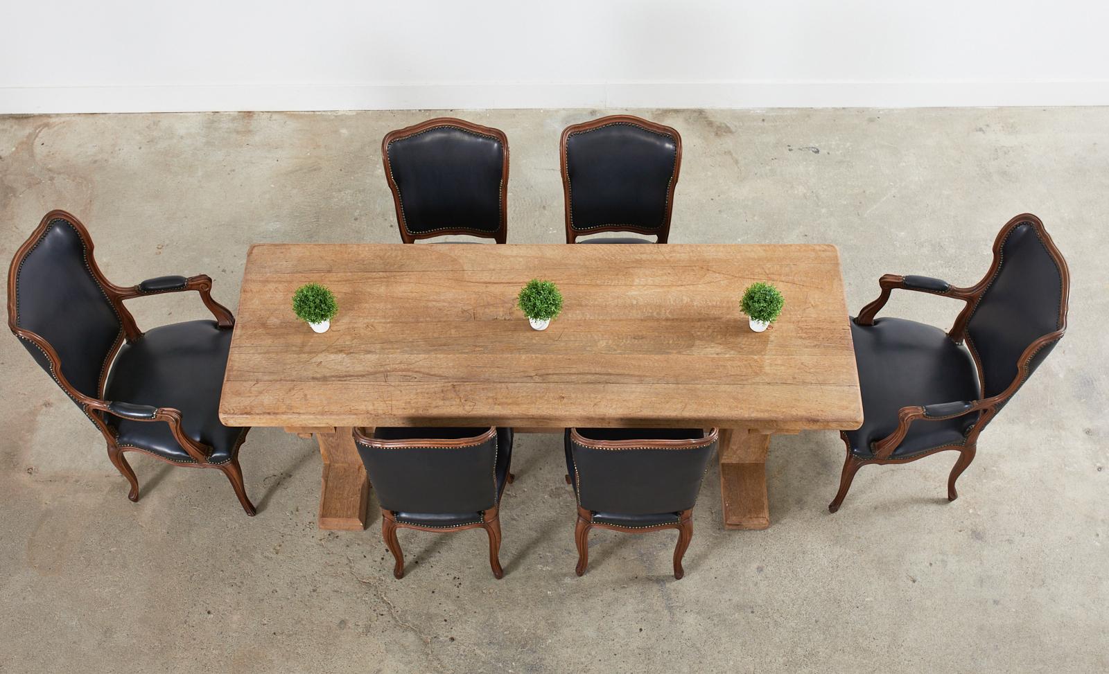 French Brutalist Bleached Oak Farmhouse Trestle Dining Table  4