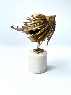 French Brutalist Brass Welded Bird Sculpture on Marble Cylindrical Stand