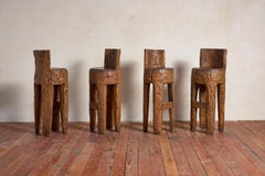 French Brutalist Carved Bar Stools - Set of 4