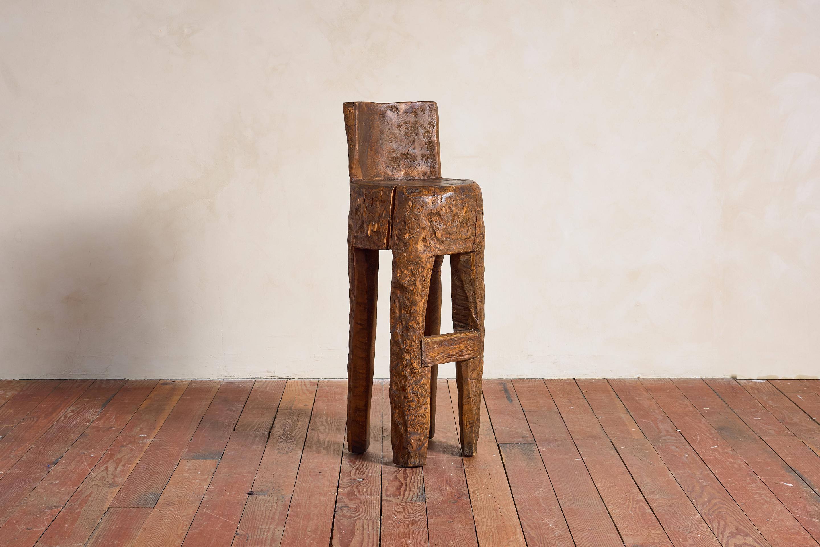 French Brutalist Carved Bar Stools - Set of 4 In Good Condition For Sale In Beverly Hills, CA