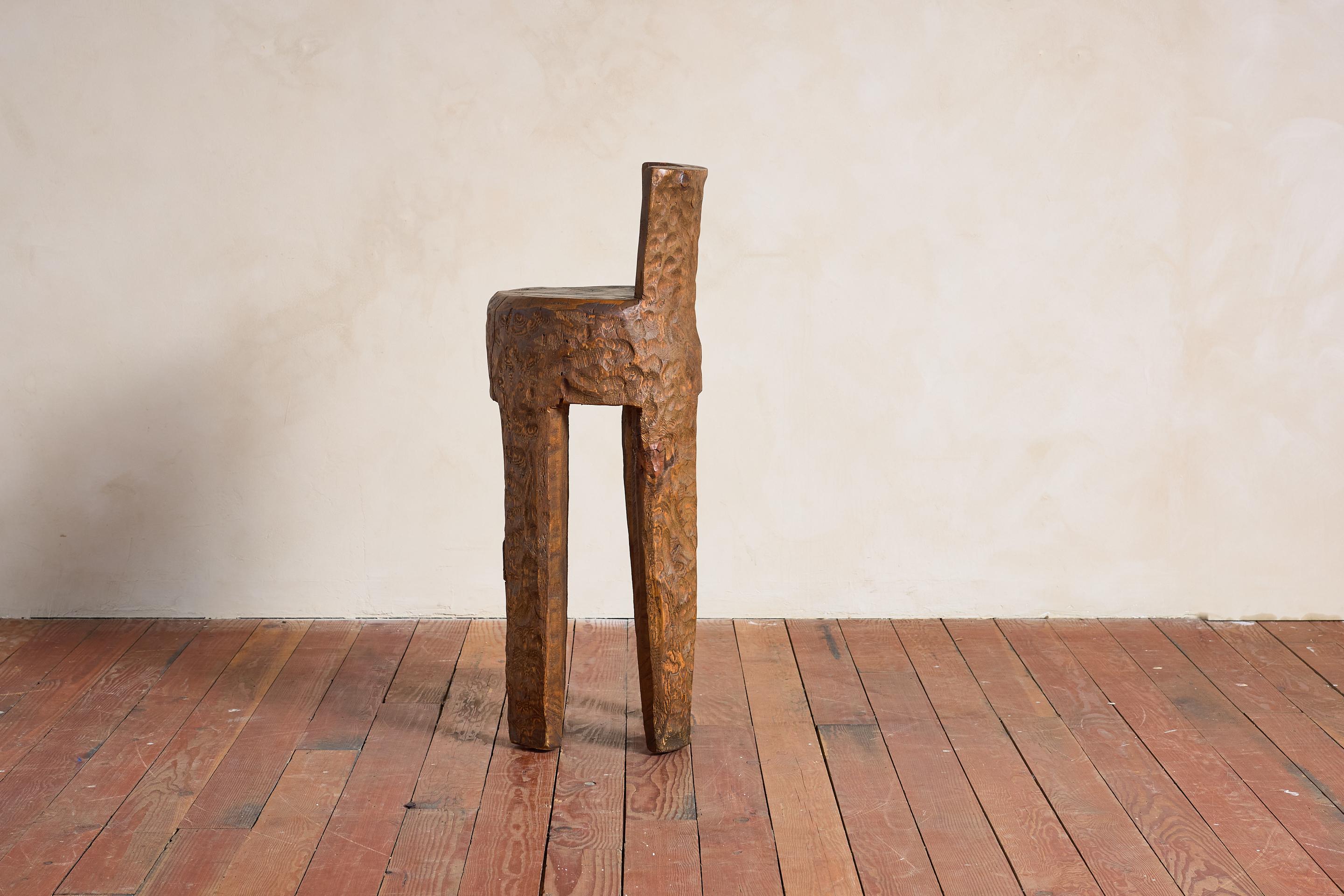 Wood French Brutalist Carved Bar Stools - Set of 4 For Sale