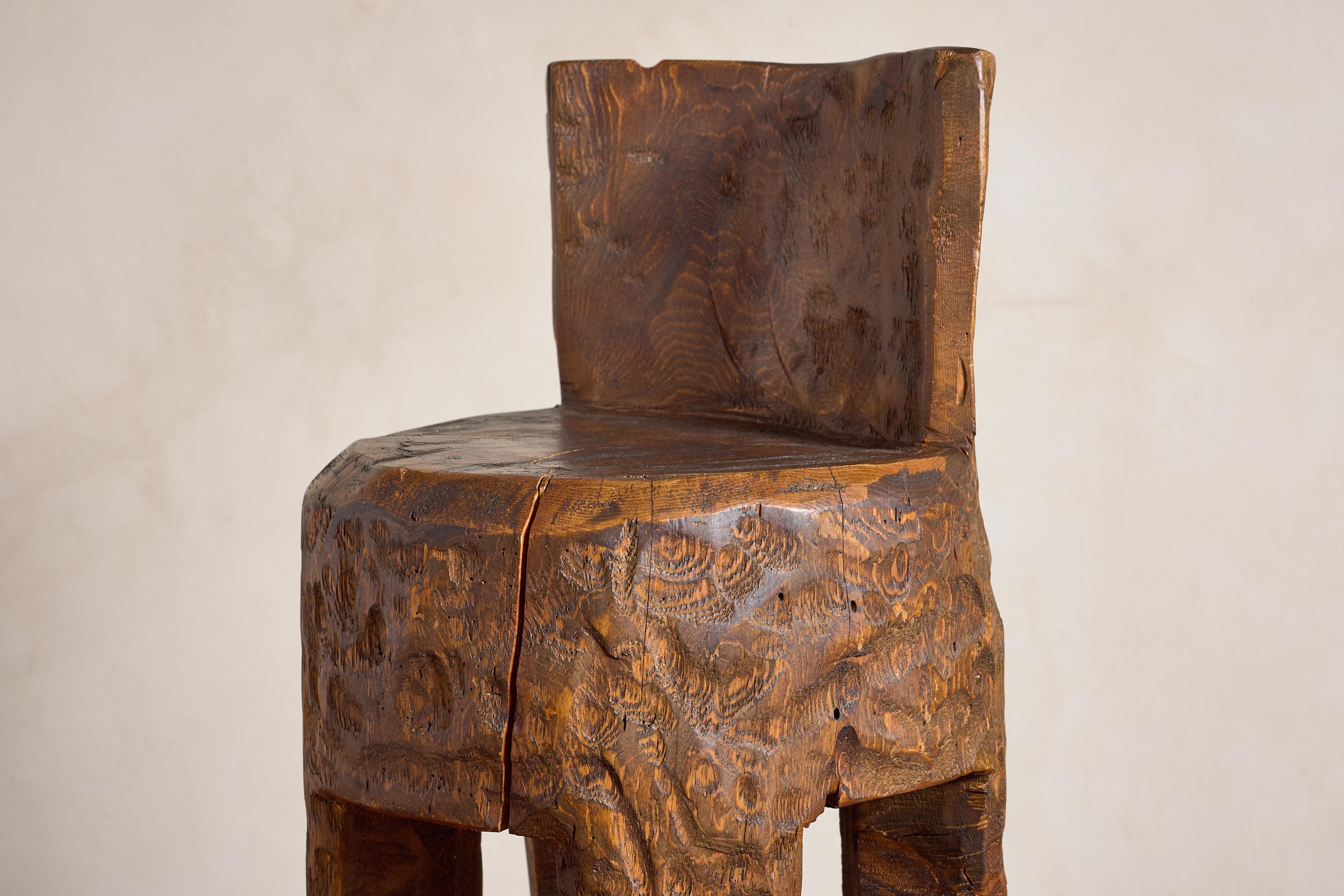 French Brutalist Carved Bar Stools - Set of 4 For Sale 4