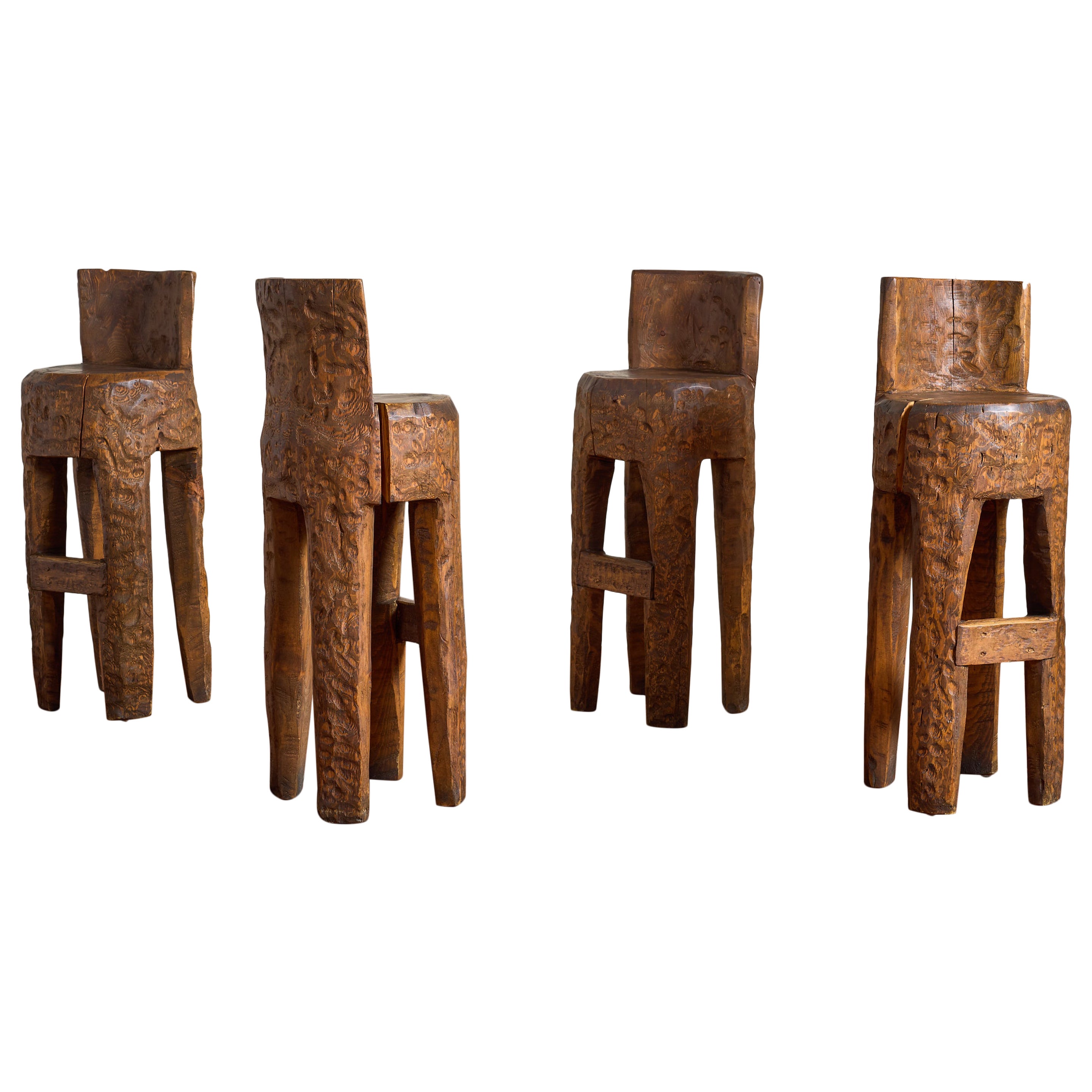 French Brutalist Carved Bar Stools - Set of 4 For Sale