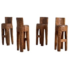 French Brutalist Carved Bar Stools - Set of 4