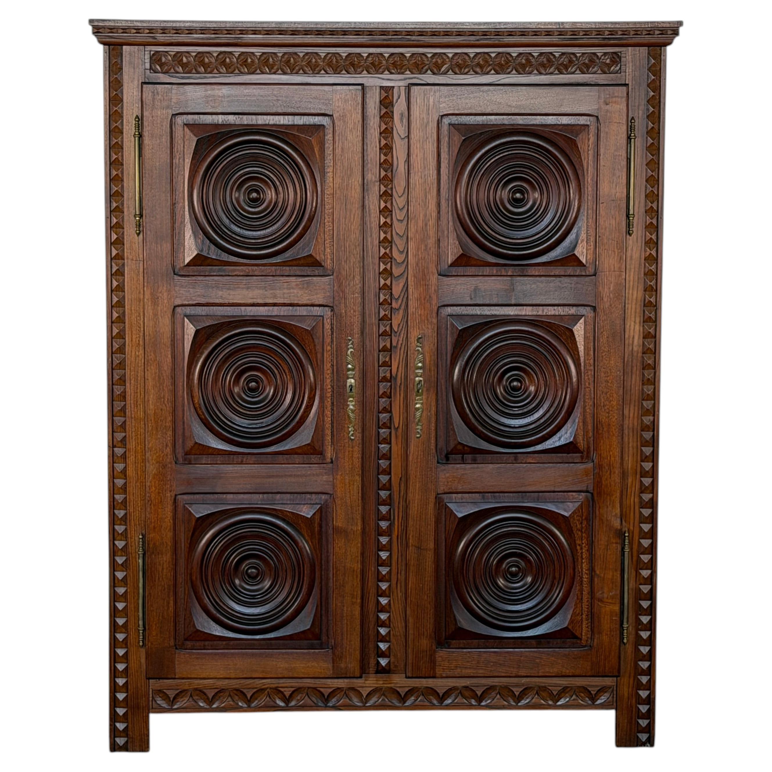 French Brutalist Carved Oak Armoire, Attributed to Charles Dudouyt, 1940s