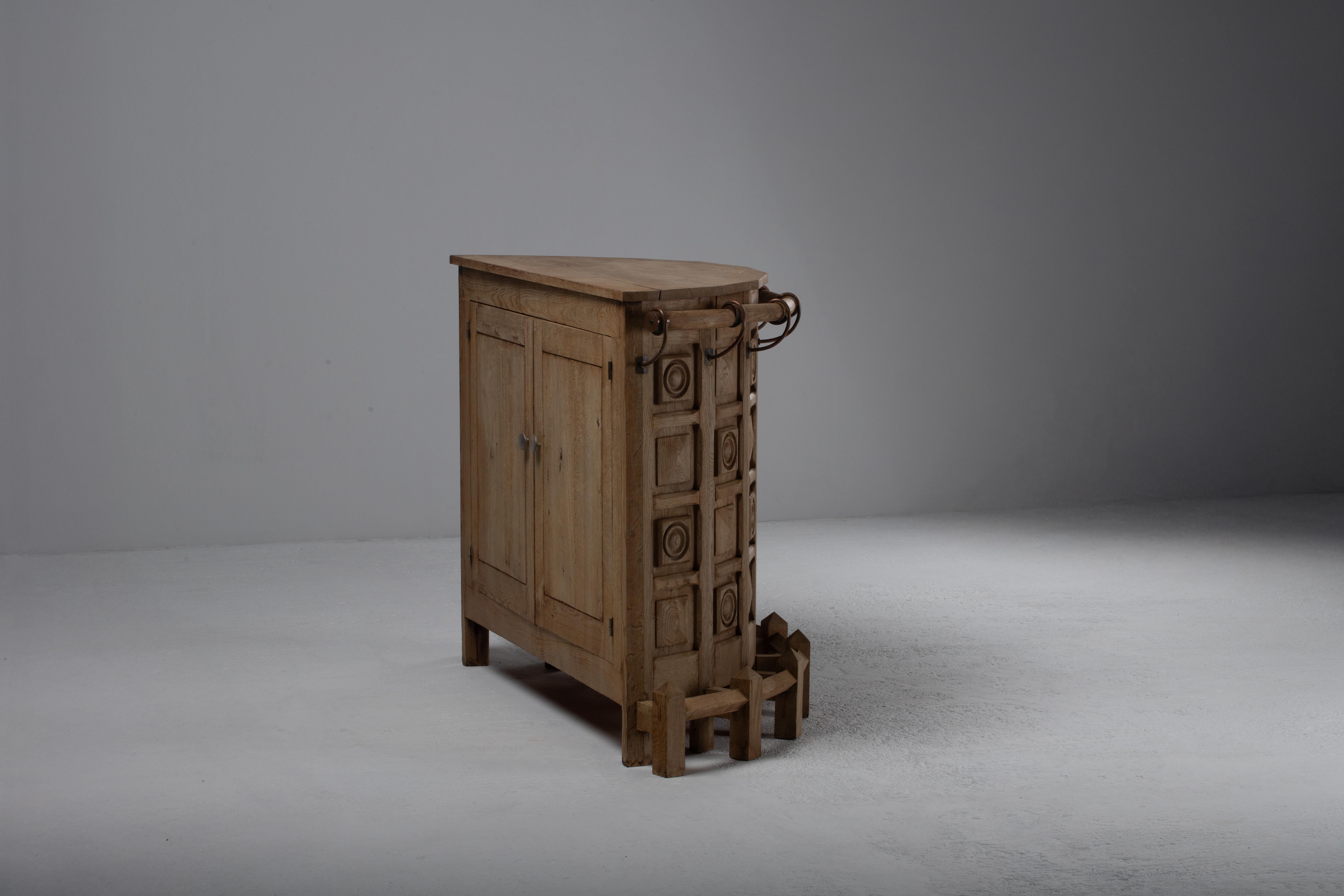 French Brutalist Carved Oak Bar, 1950s For Sale 5