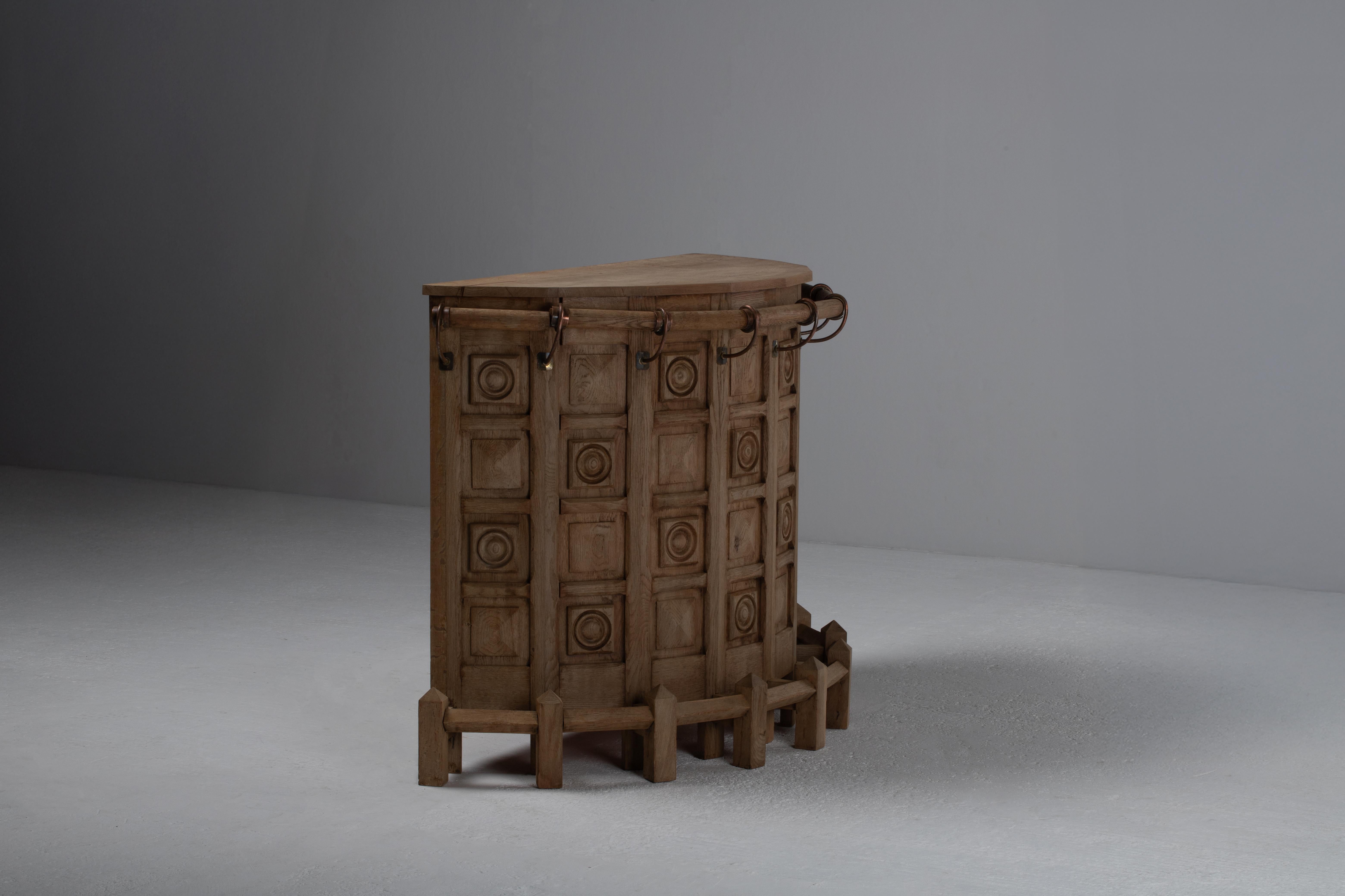 French Brutalist Carved Oak Bar, 1950s For Sale 6