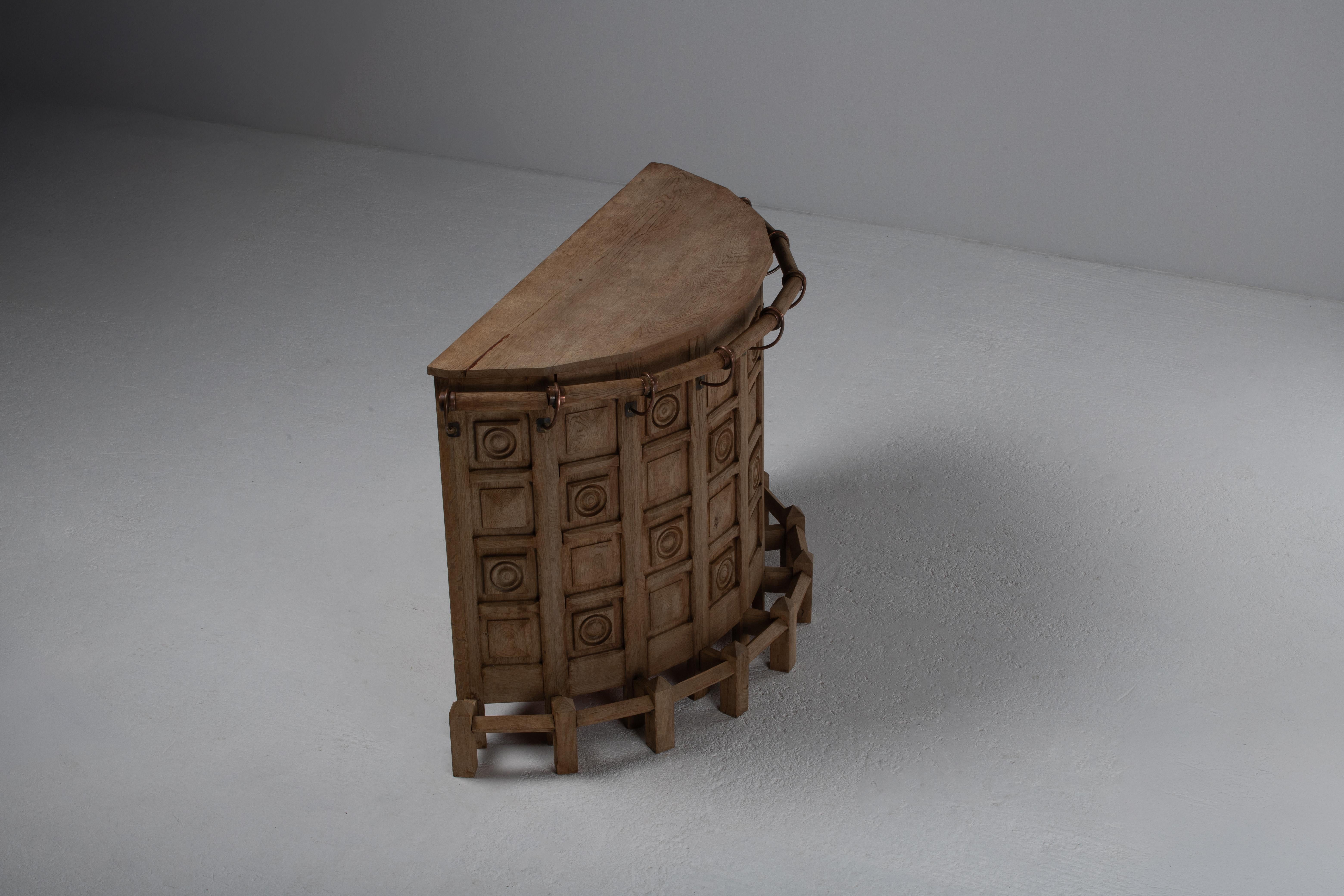 French Brutalist Carved Oak Bar, 1950s For Sale 9