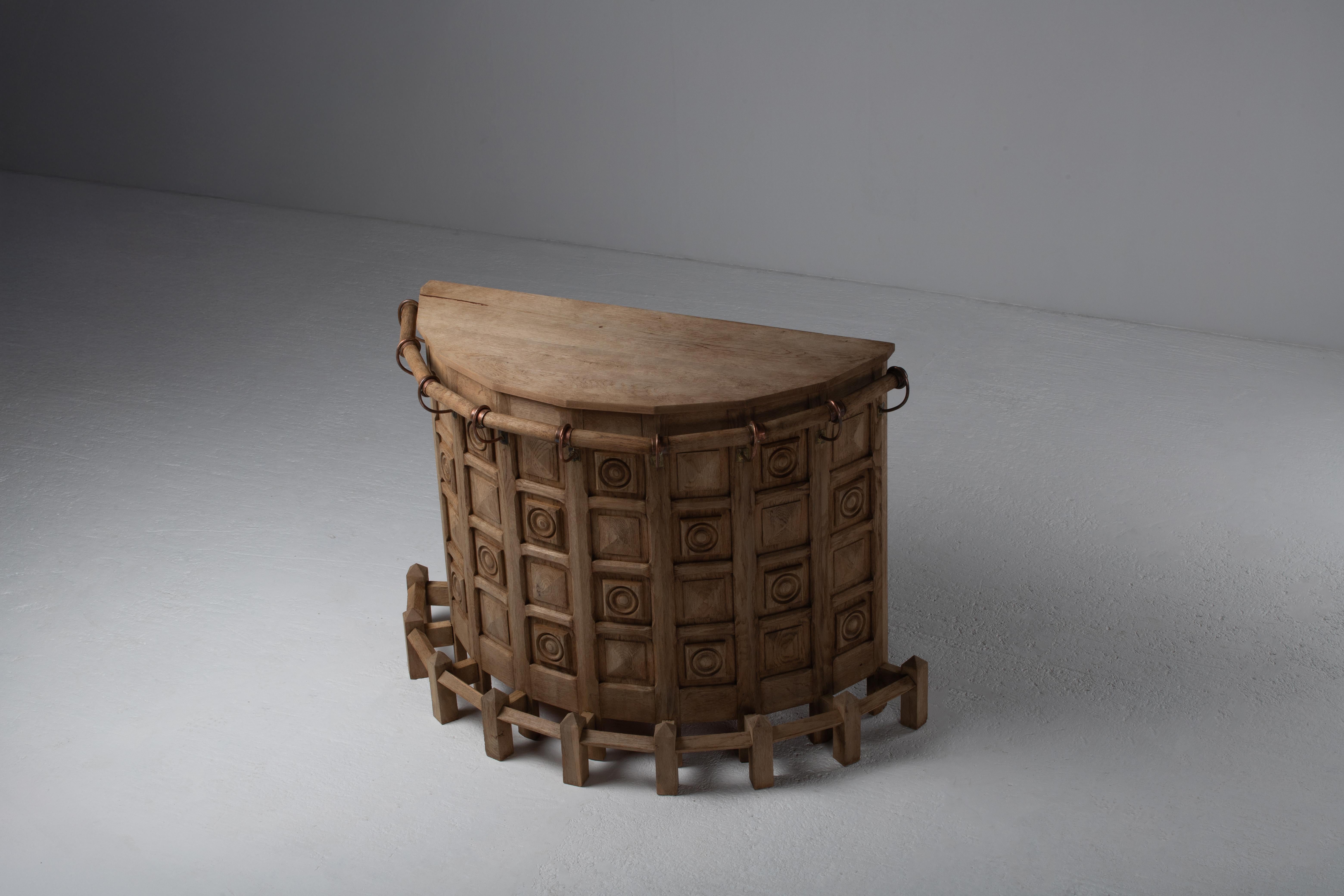 Mid-20th Century French Brutalist Carved Oak Bar, 1950s For Sale