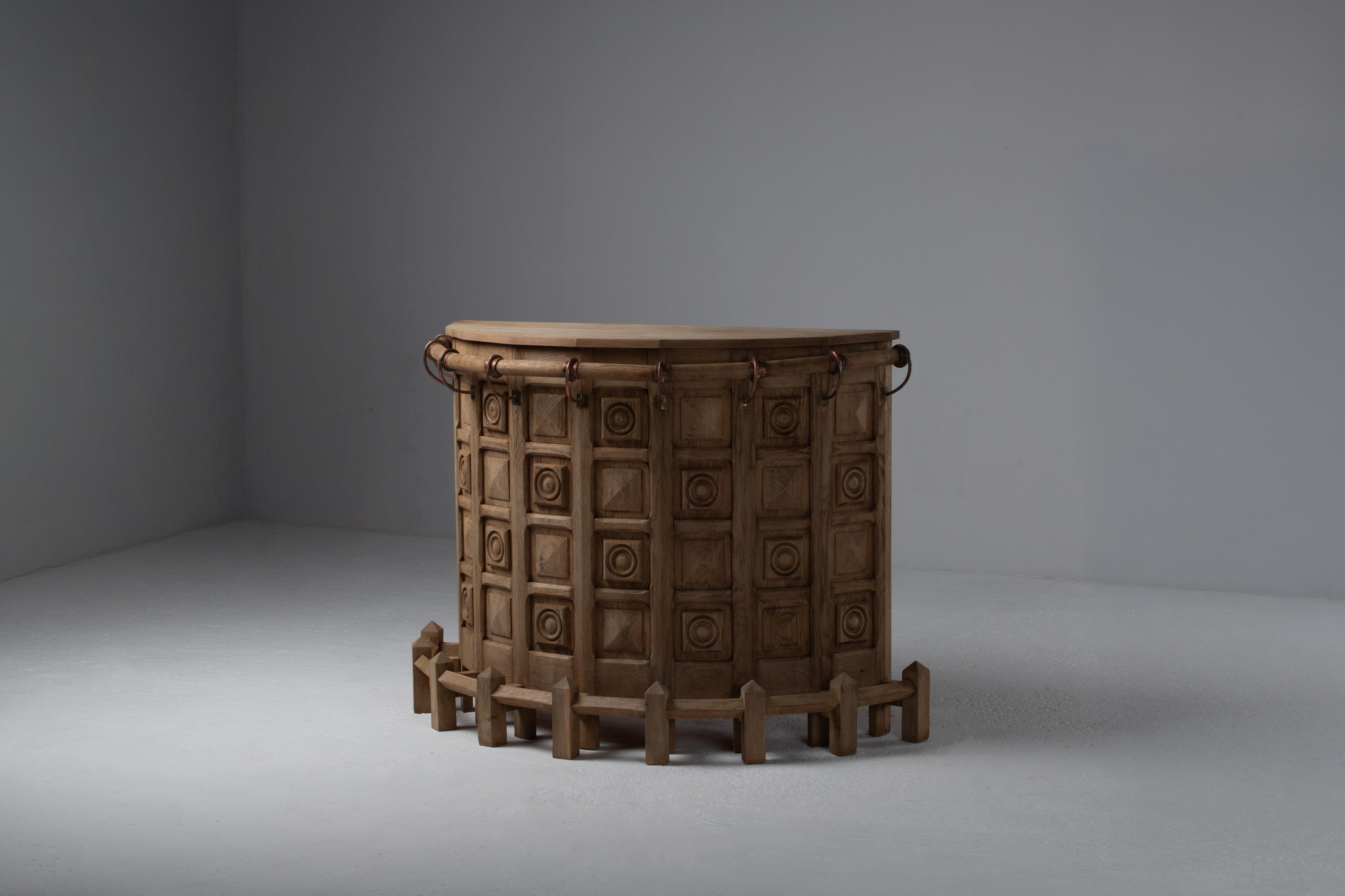 Iron French Brutalist Carved Oak Bar, 1950s For Sale