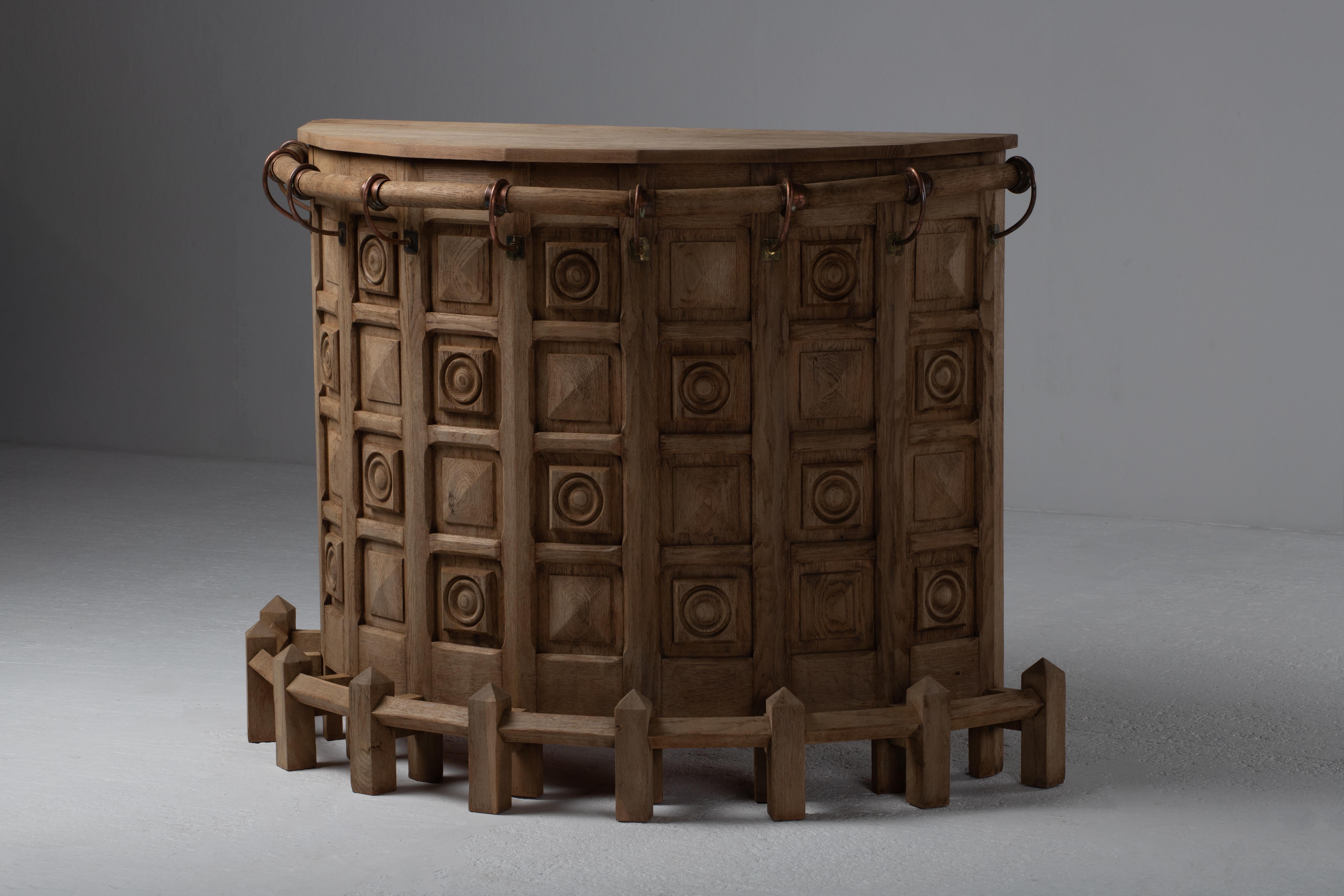 French Brutalist Carved Oak Bar, 1950s For Sale 1