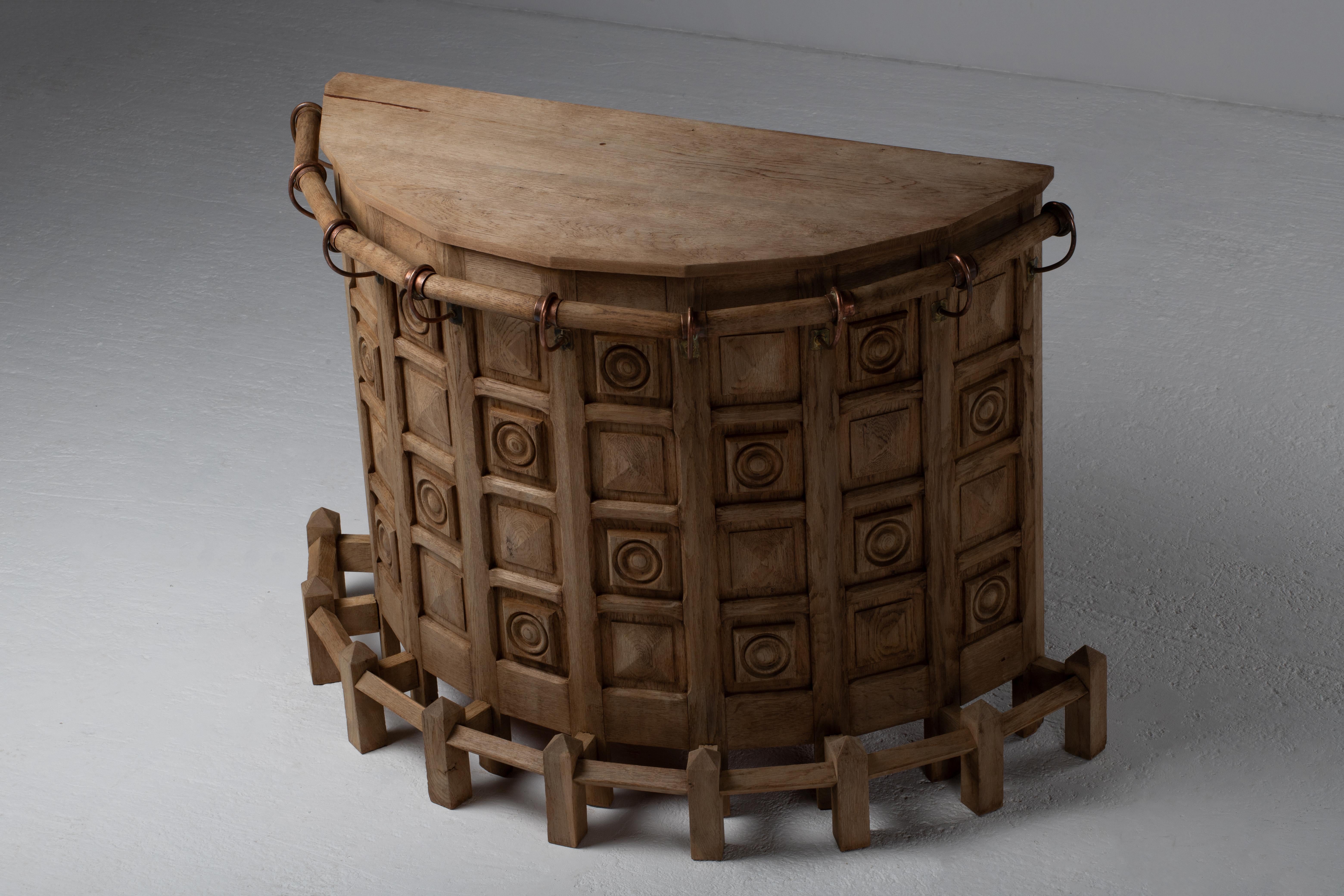 French Brutalist Carved Oak Bar, 1950s For Sale 3