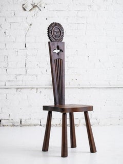 French Brutalist Carved “Sun Face” Stool, France, Circa 1950s