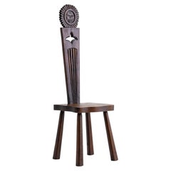 French Brutalist Carved “Sun Face” Stool, France, Circa 1950s