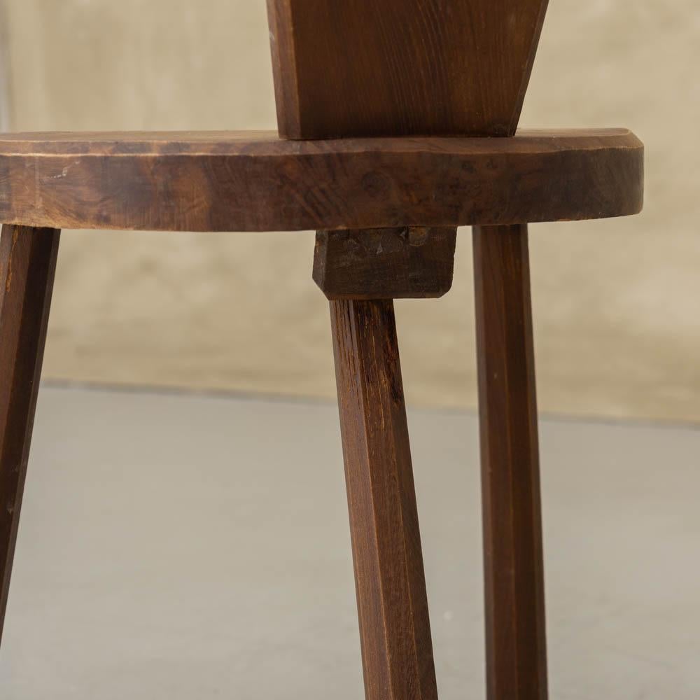 French Brutalist Carved Wood Tripod Chair For Sale 10