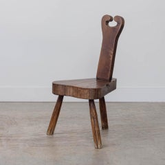 French Brutalist Carved Wood Tripod Chair
