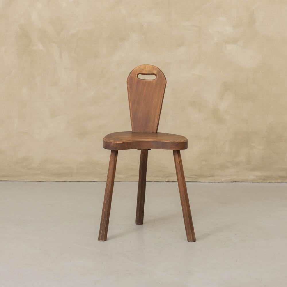 French Brutalist Carved Wood Tripod Chair For Sale 1
