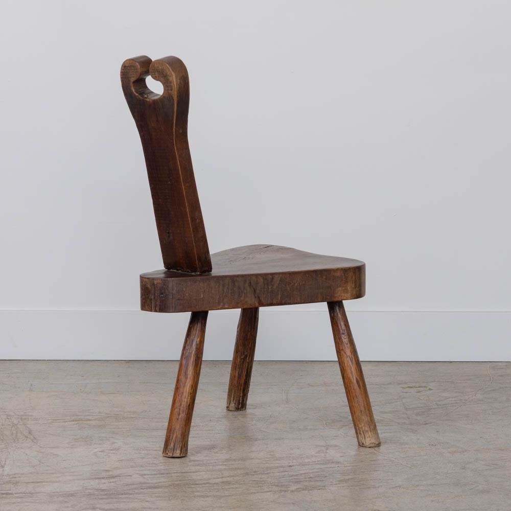 French Brutalist Carved Wood Tripod Chair For Sale at 1stDibs
