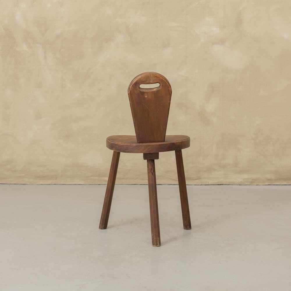 French Brutalist Carved Wood Tripod Chair For Sale 3