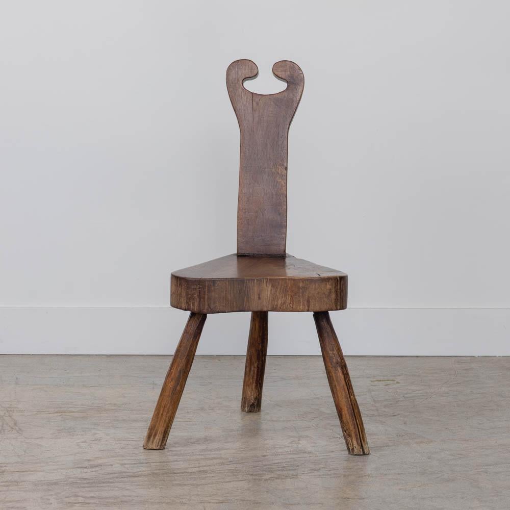 French Brutalist Carved Wood Tripod Chair For Sale at 1stDibs