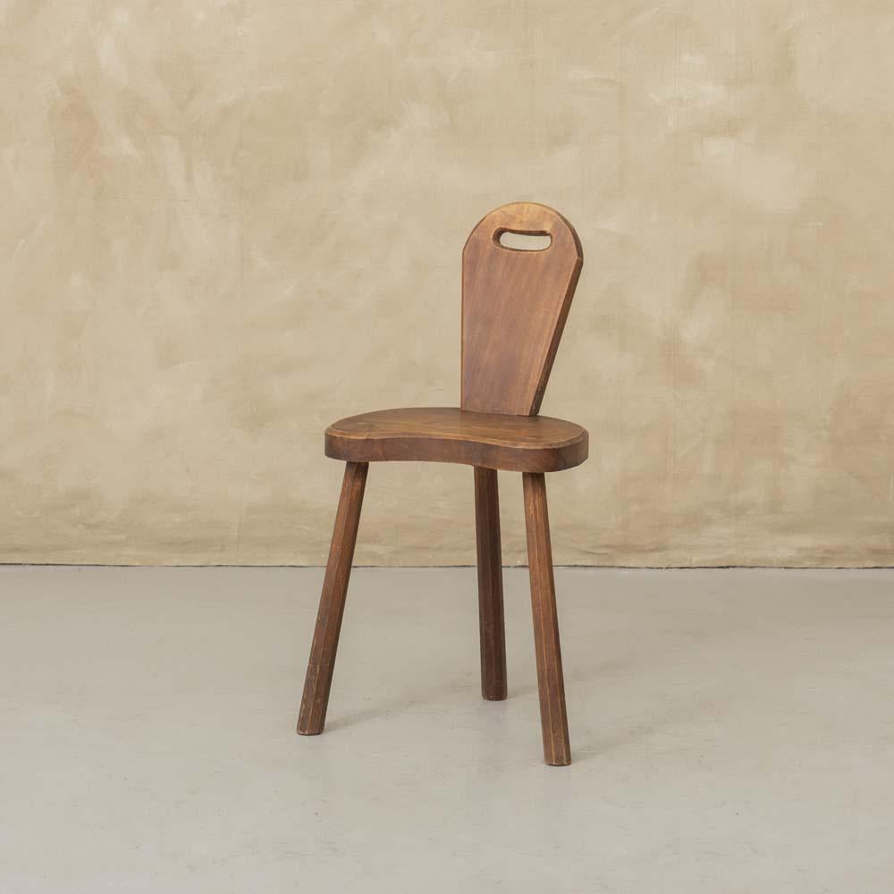 French Brutalist Carved Wood Tripod Chair For Sale 4