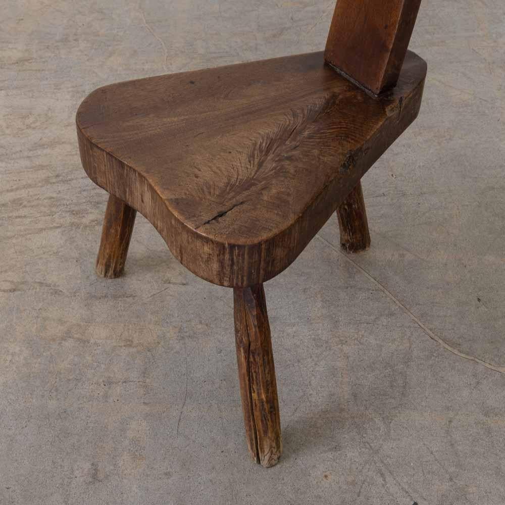 French Brutalist Carved Wood Tripod Chair For Sale at 1stDibs
