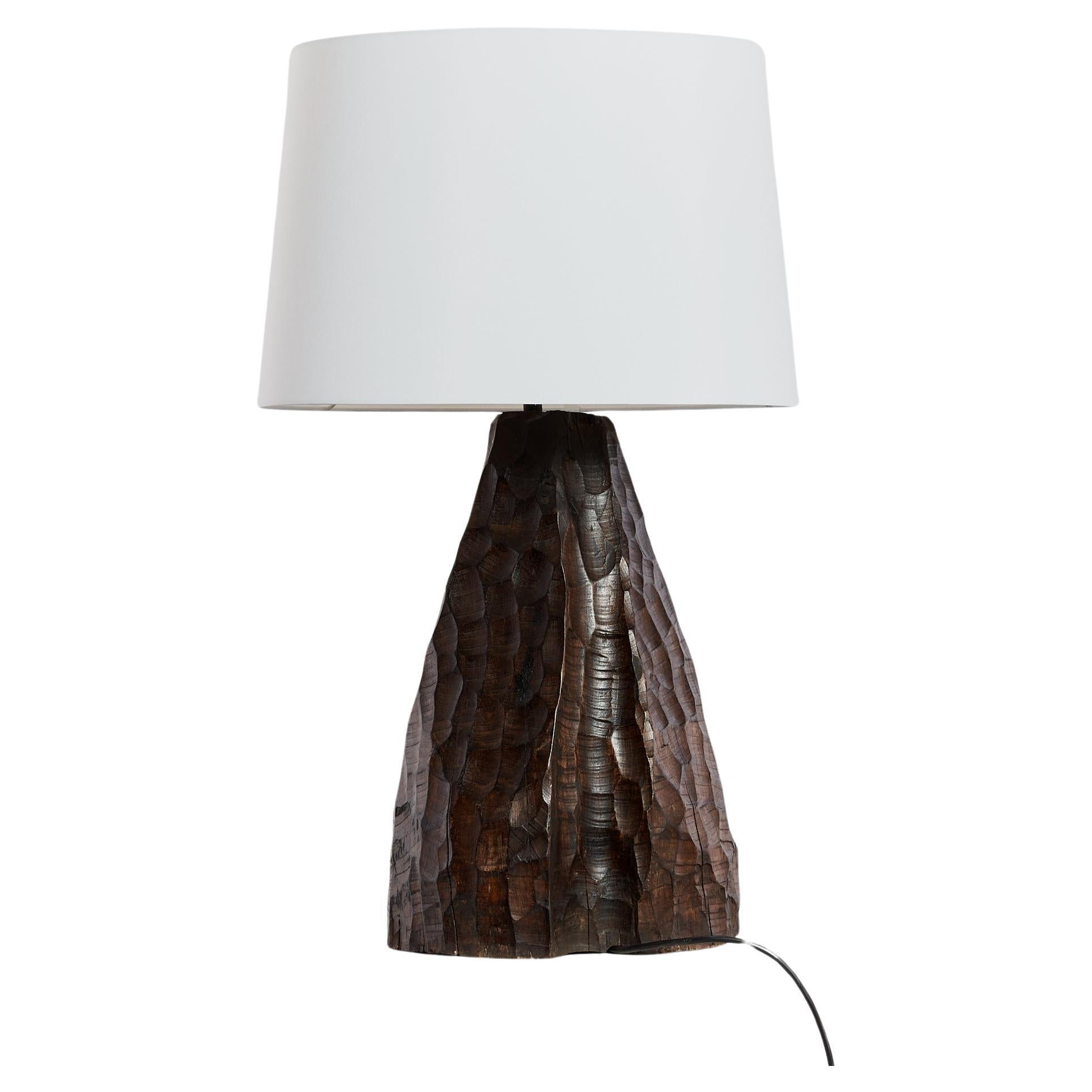 French brutalist chiselled table lamp with silk shade For Sale