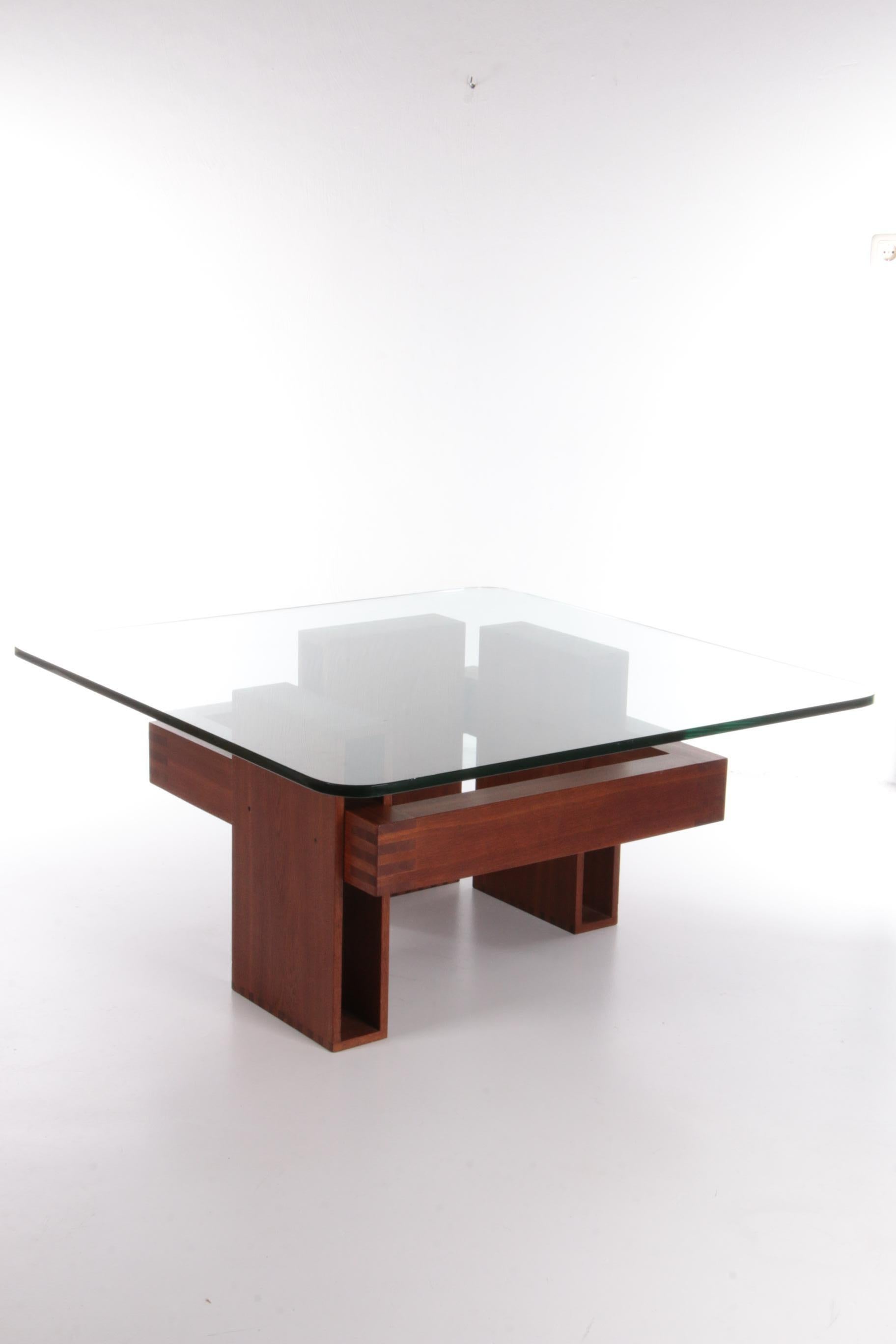 Modern French Brutalist Design Coffee Table of Teak with Glass Top, 1970 For Sale