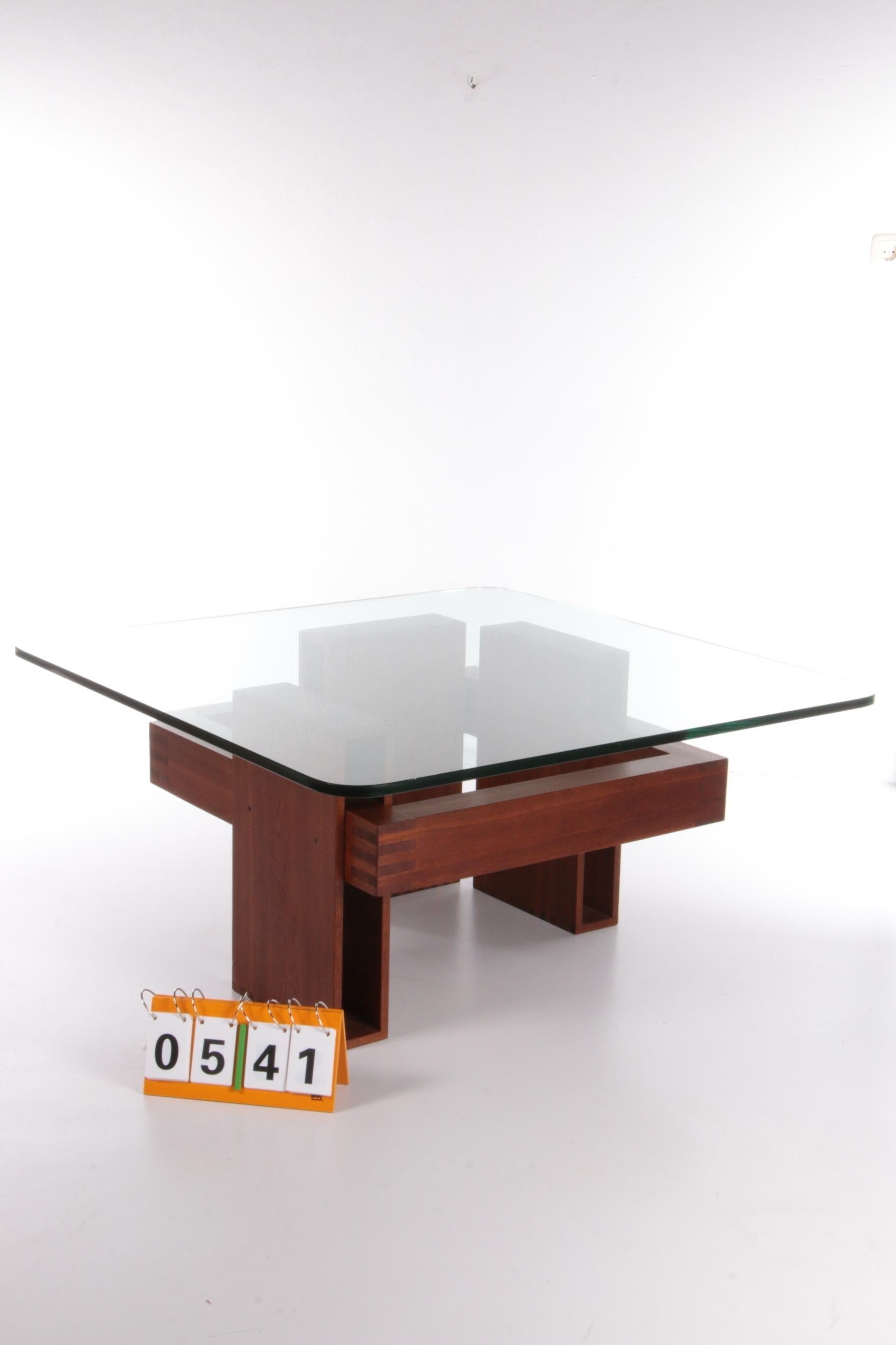 French Brutalist Design Coffee Table of Teak with Glass Top, 1970 In Excellent Condition For Sale In Oostrum-Venray, NL