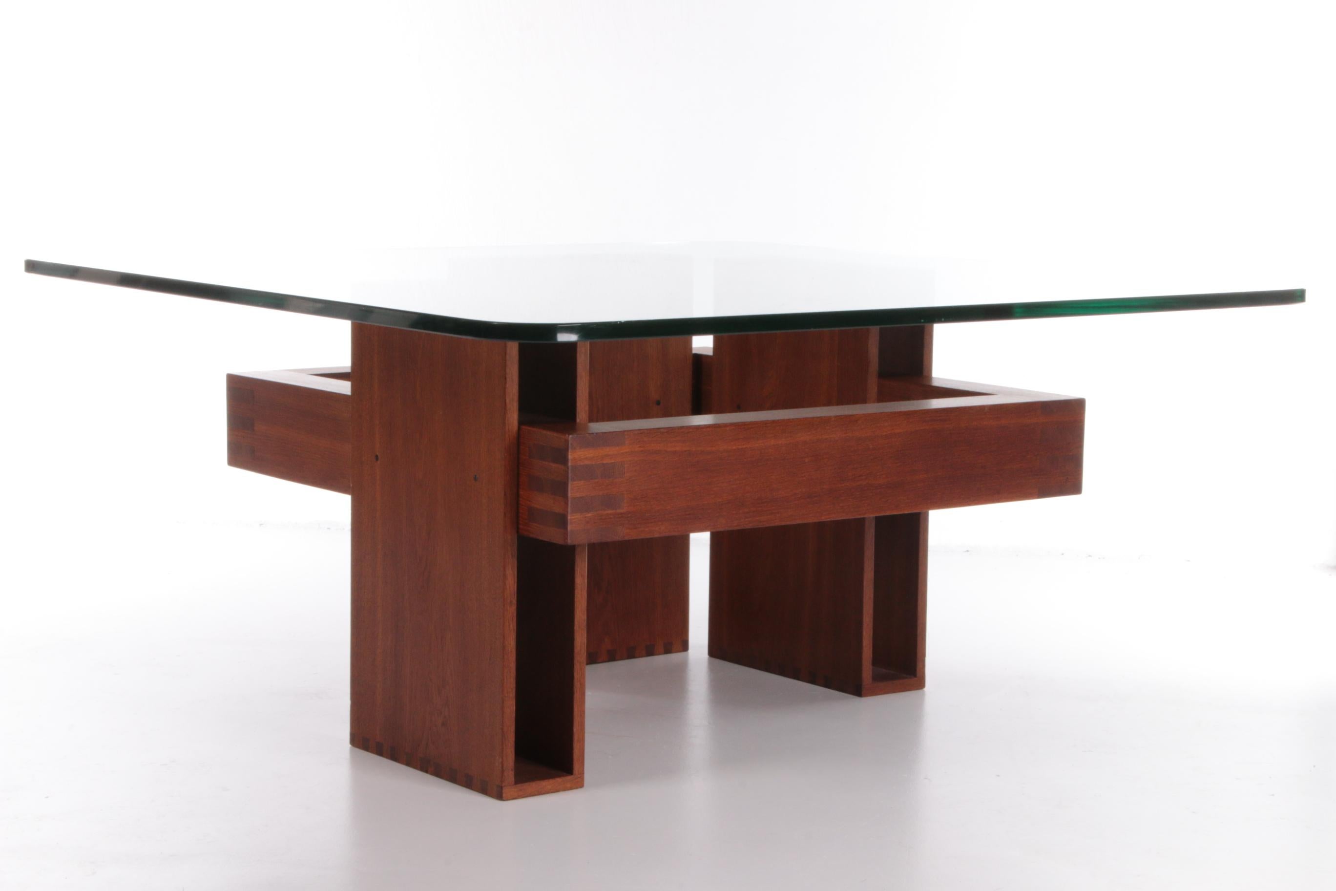 Late 20th Century French Brutalist Design Coffee Table of Teak with Glass Top, 1970 For Sale