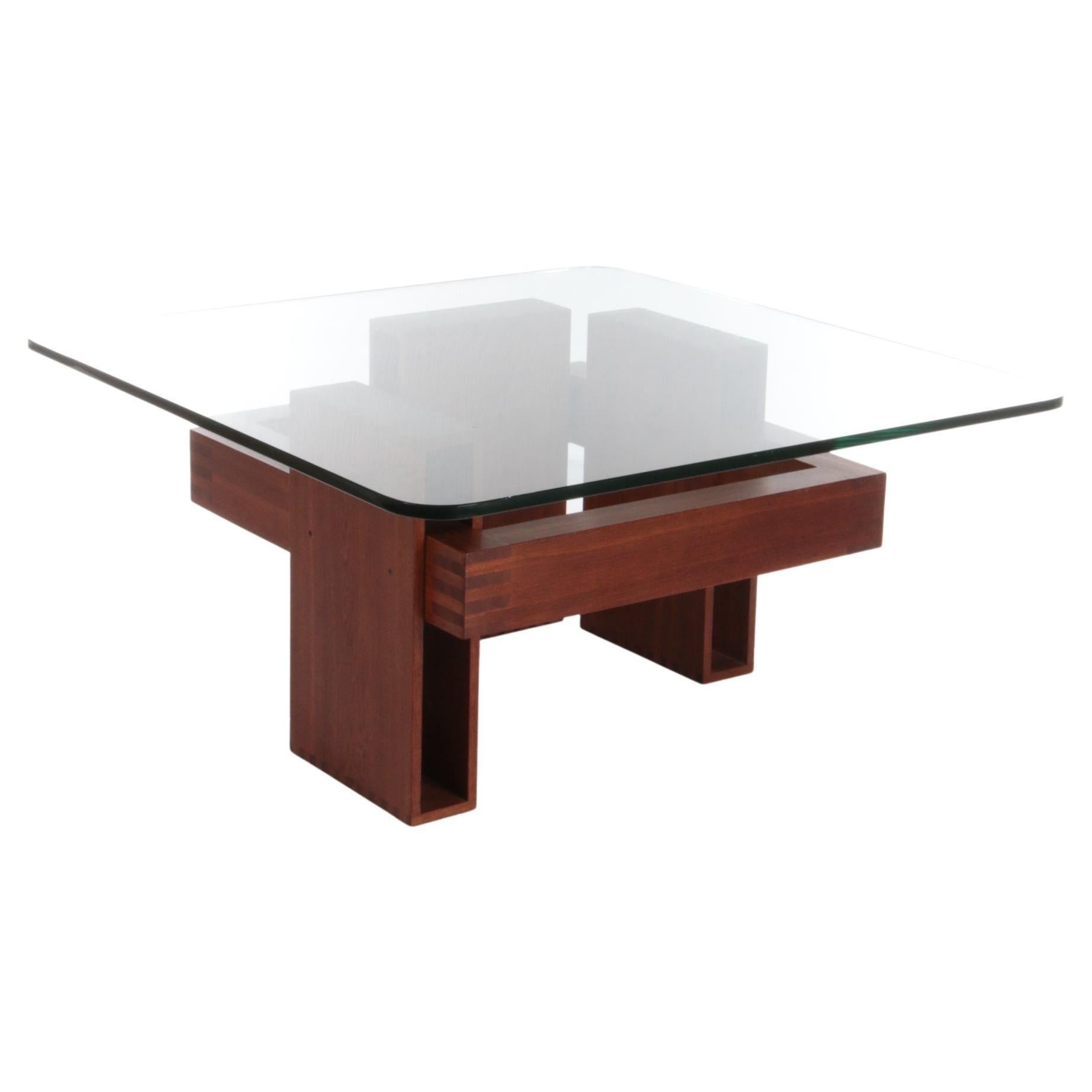 French Brutalist Design Coffee Table of Teak with Glass Top, 1970