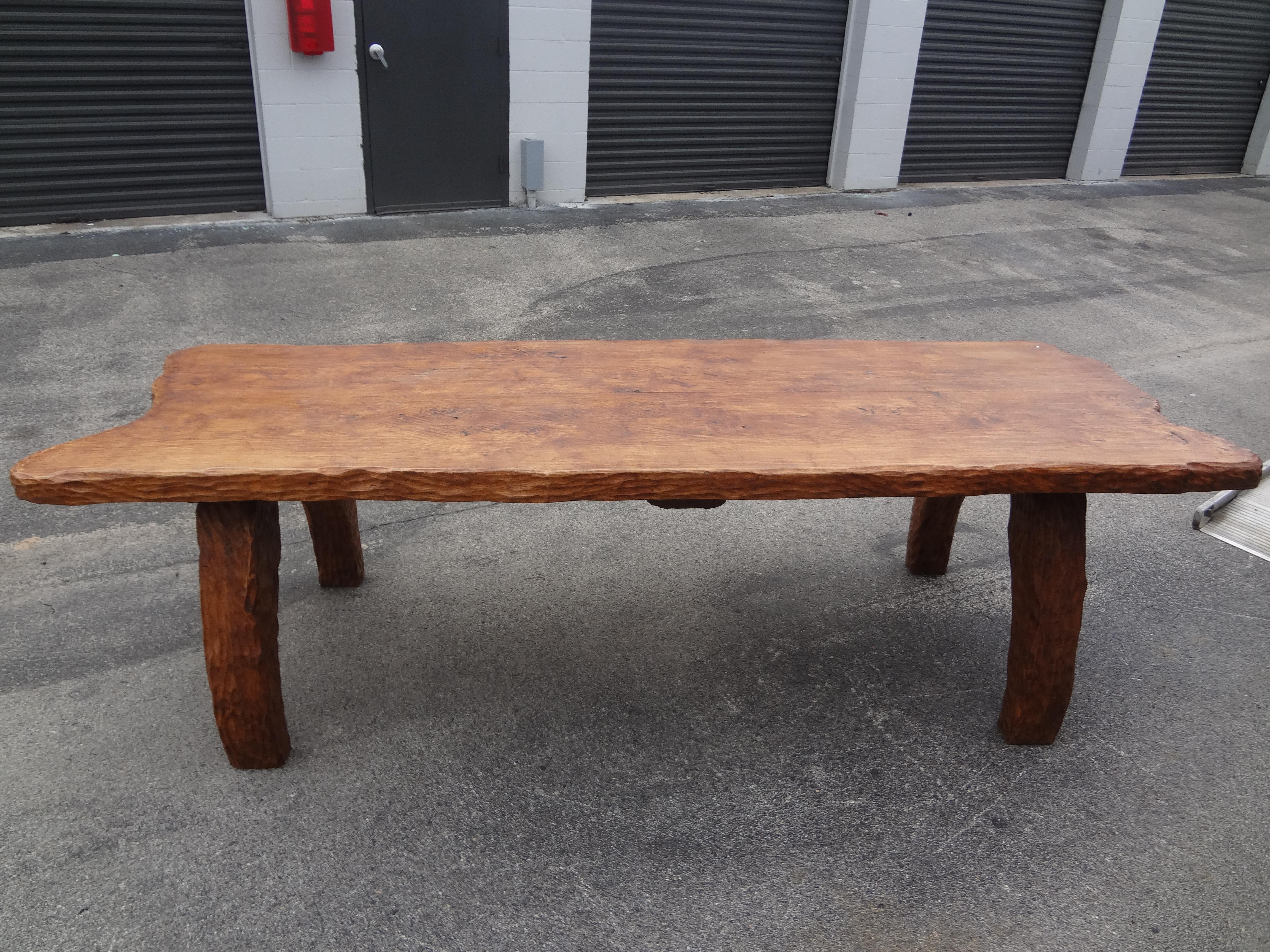 French Brutalist Elm Dining Table Or Center Table By Atelier Marolles.
Handsome and versatile large French Brutalist table by Atelier Marolles. This large table can be used as a dining table, center table or desk. Expertly handmade of Elm wood in a