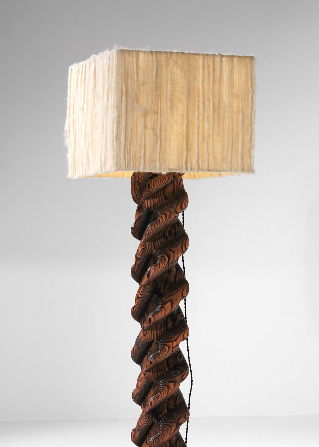 Campaign French Brutalist folk art floor lamp in burnt pine from the 70s