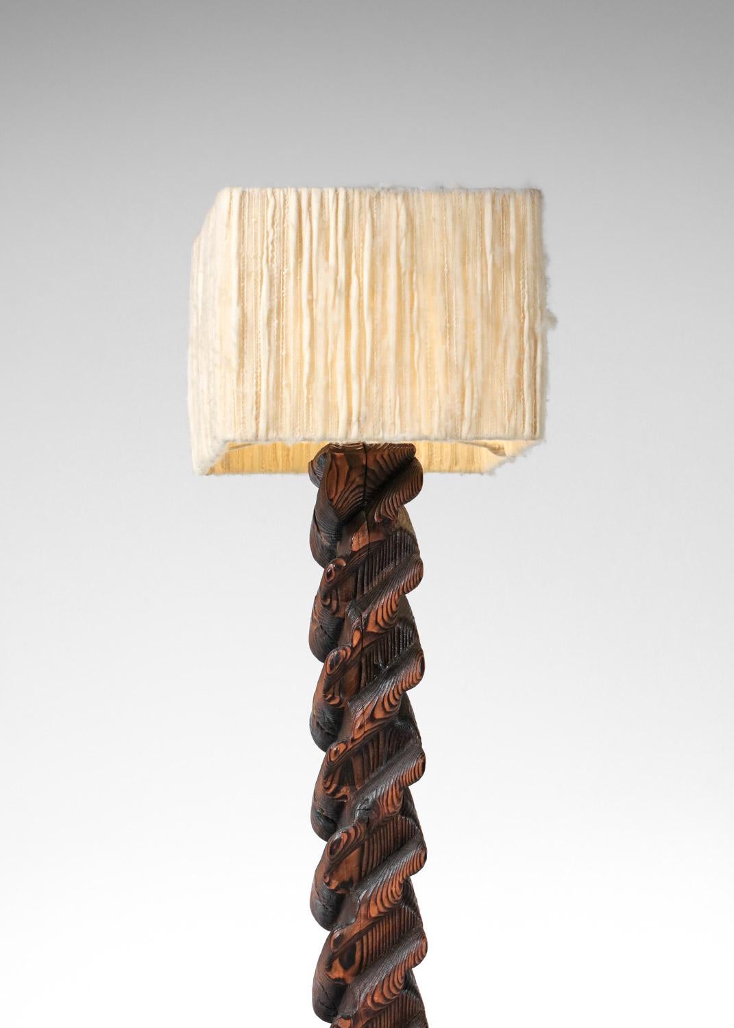 Hand-Crafted French Brutalist folk art floor lamp in burnt pine from the 70s