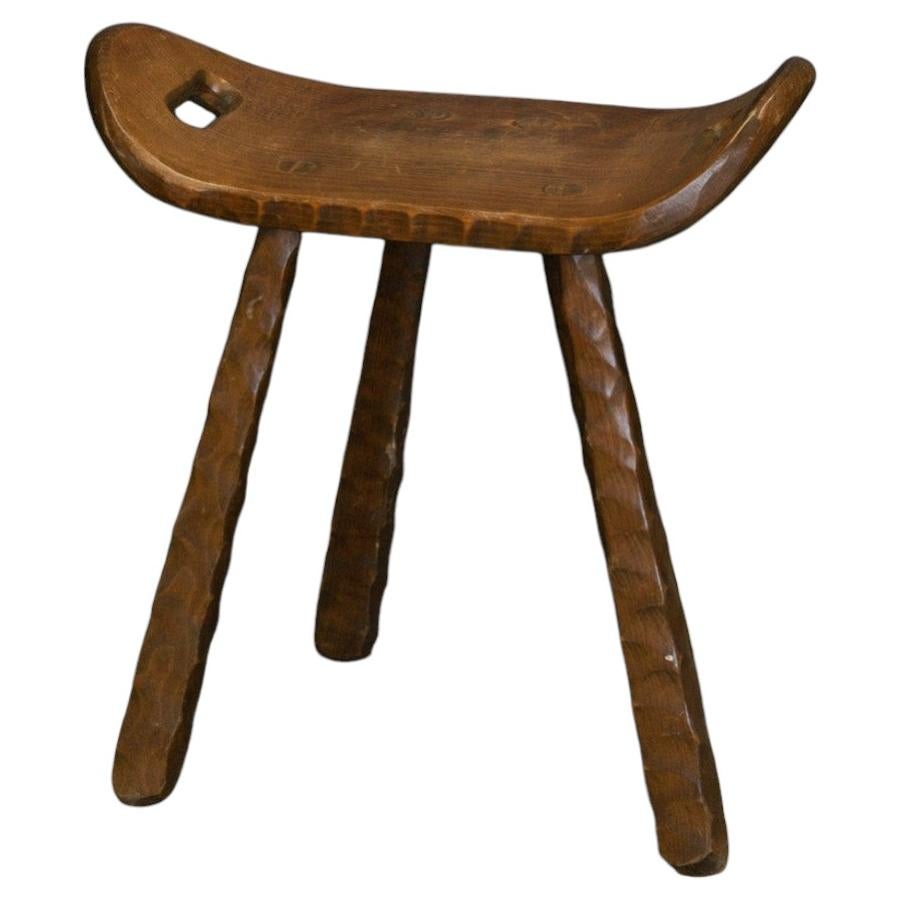 French Brutalist Hand-Carved Wood Stool, circa 1950s