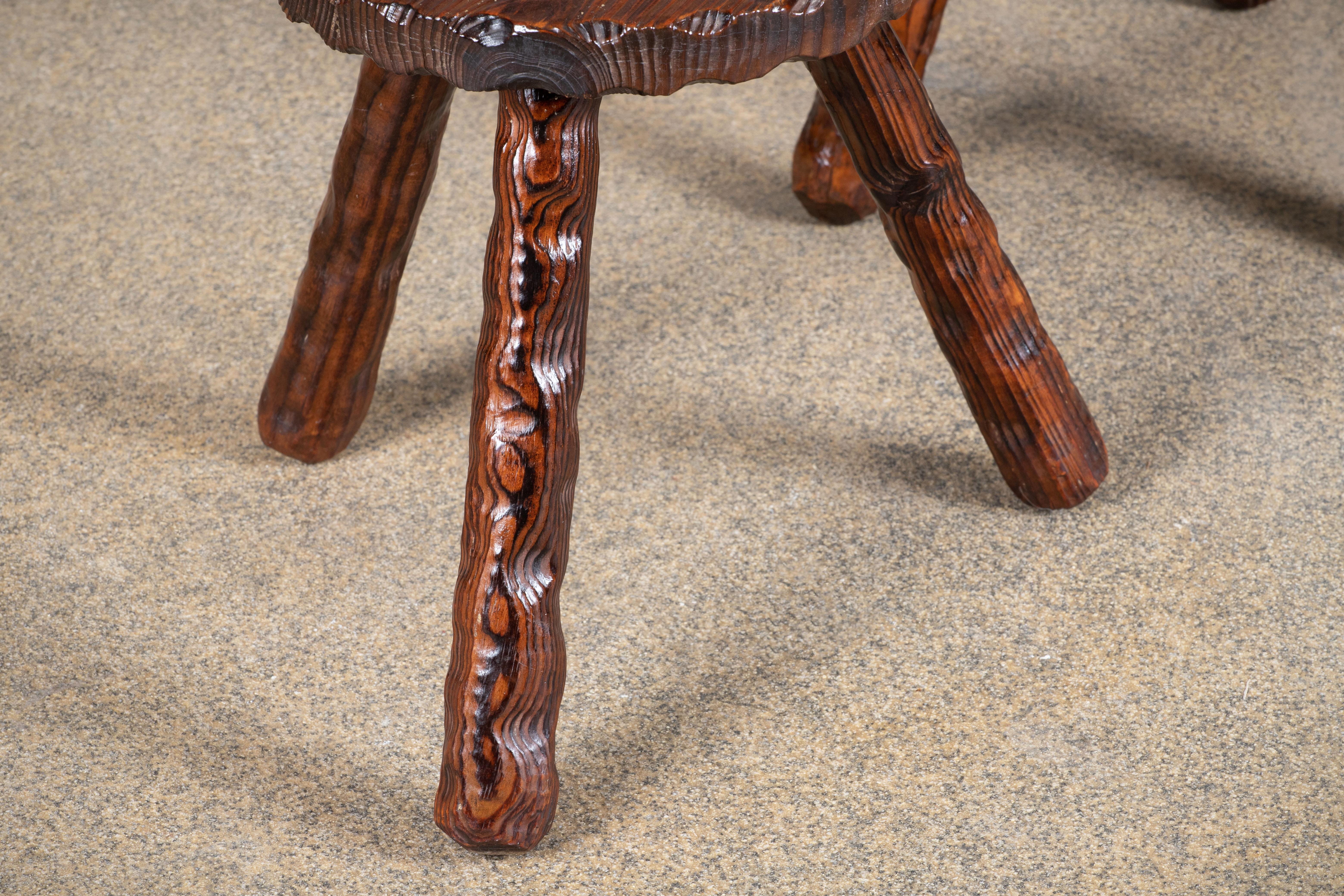 French Brutalist Handcarved Tripod Stool, a Pair For Sale 3