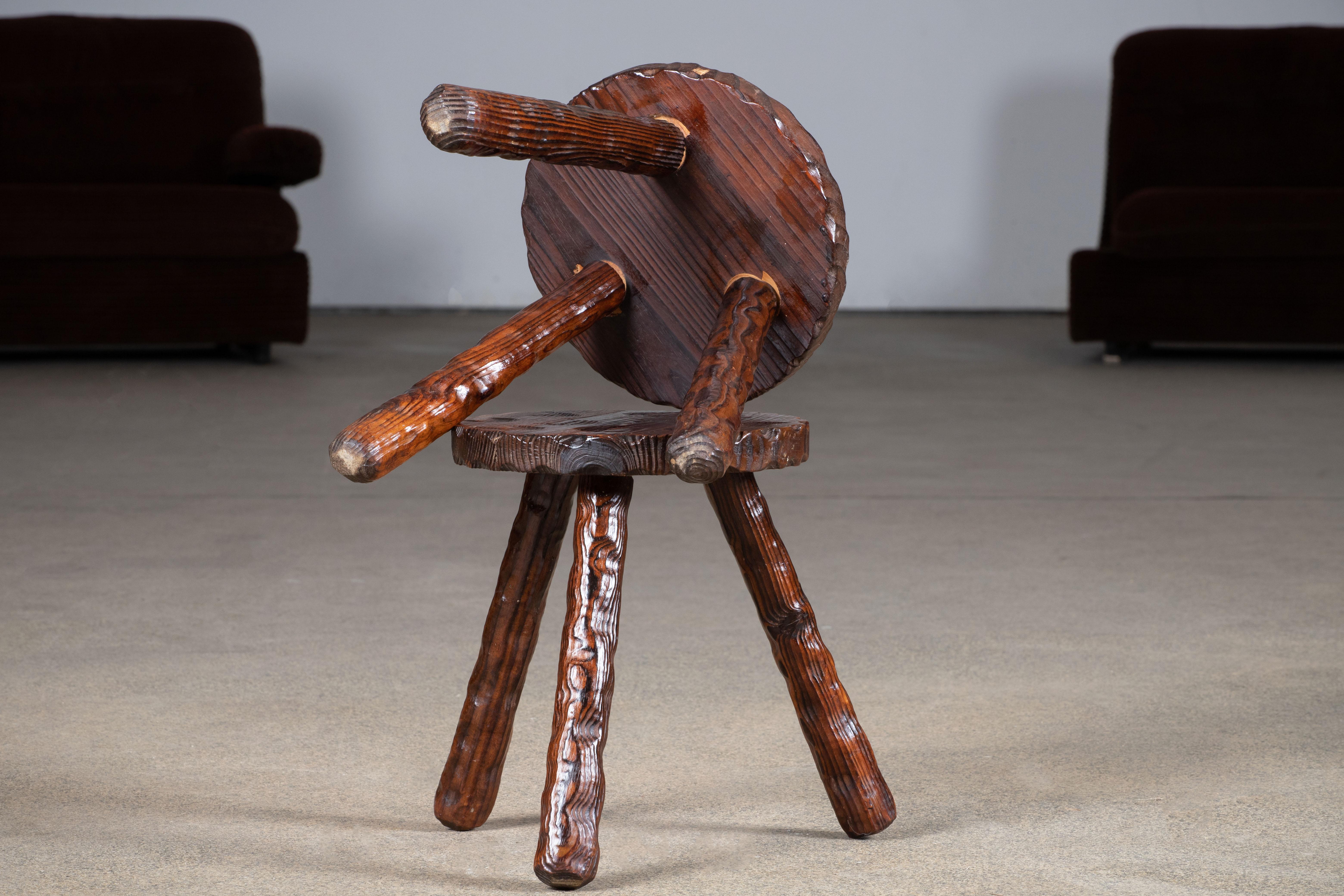 French Brutalist Handcarved Tripod Stool, a Pair For Sale 4