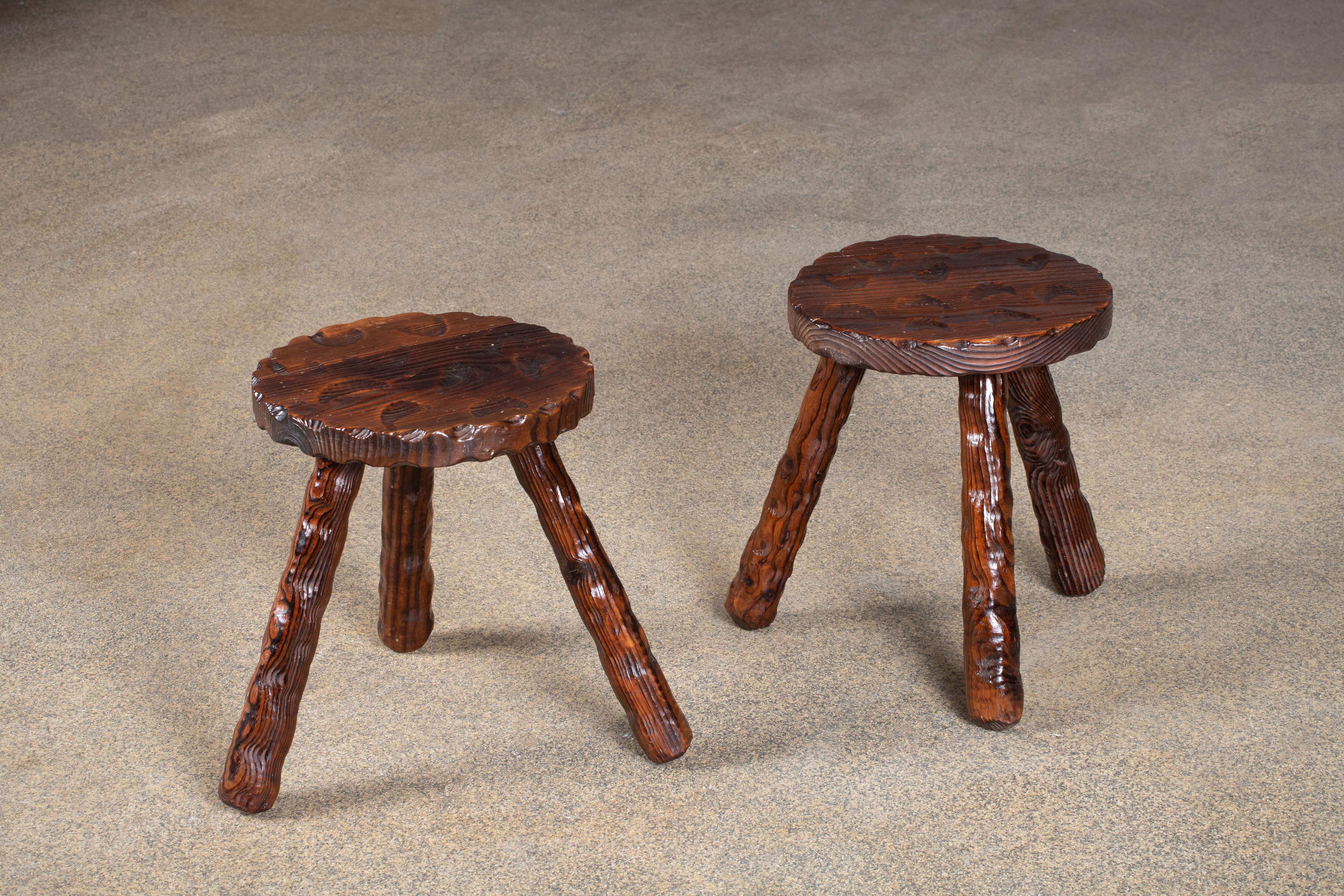 Mid-Century Modern French Brutalist Handcarved Tripod Stool, a Pair For Sale
