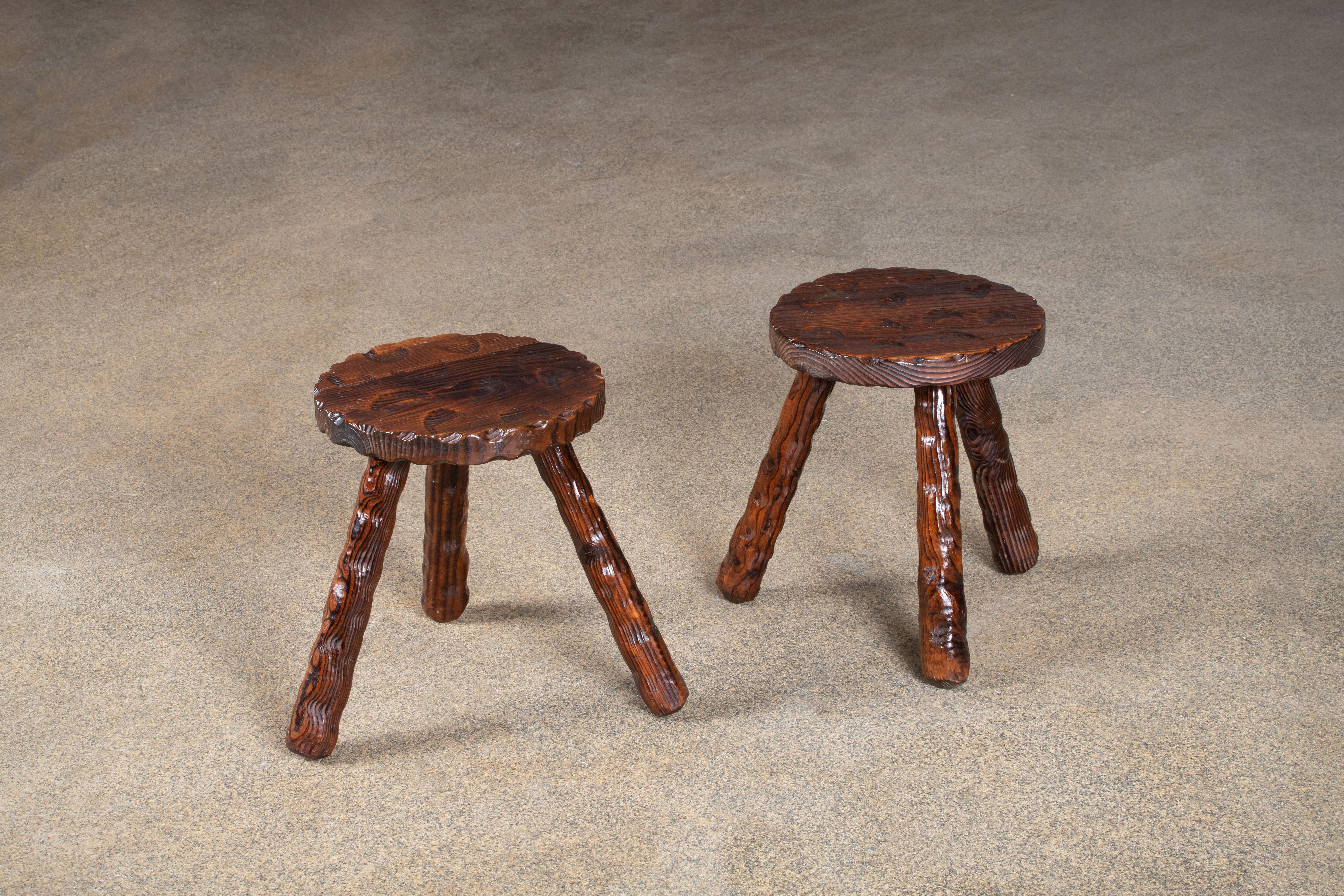 Hand-Carved French Brutalist Handcarved Tripod Stool, a Pair For Sale