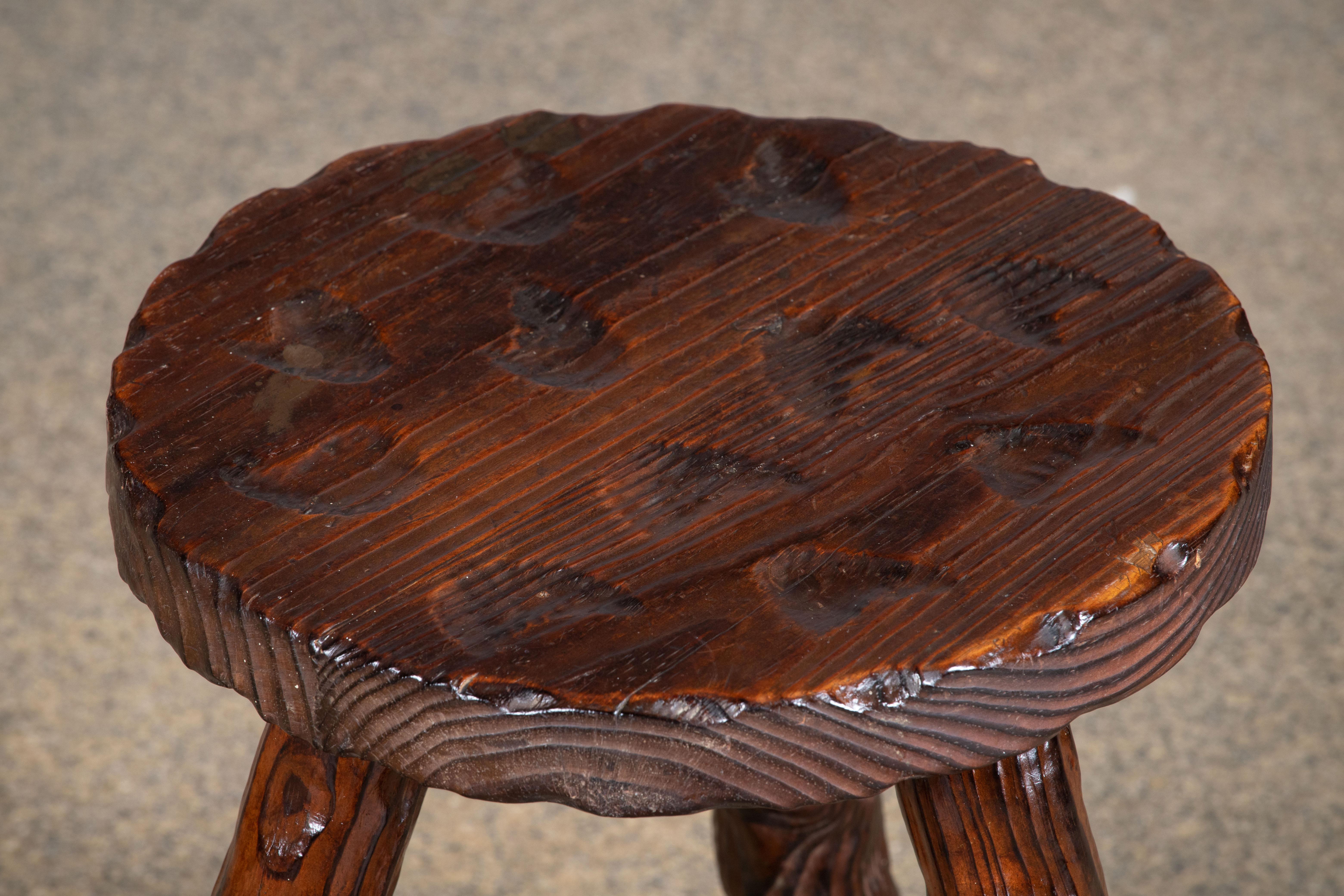 Oak French Brutalist Handcarved Tripod Stool, a Pair For Sale
