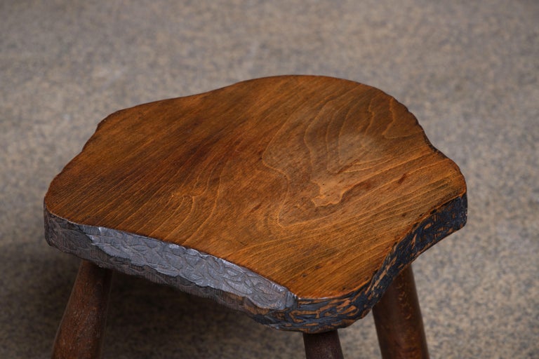 French Brutalist Handcarved Tripod Stool, a Pair For Sale at 1stDibs