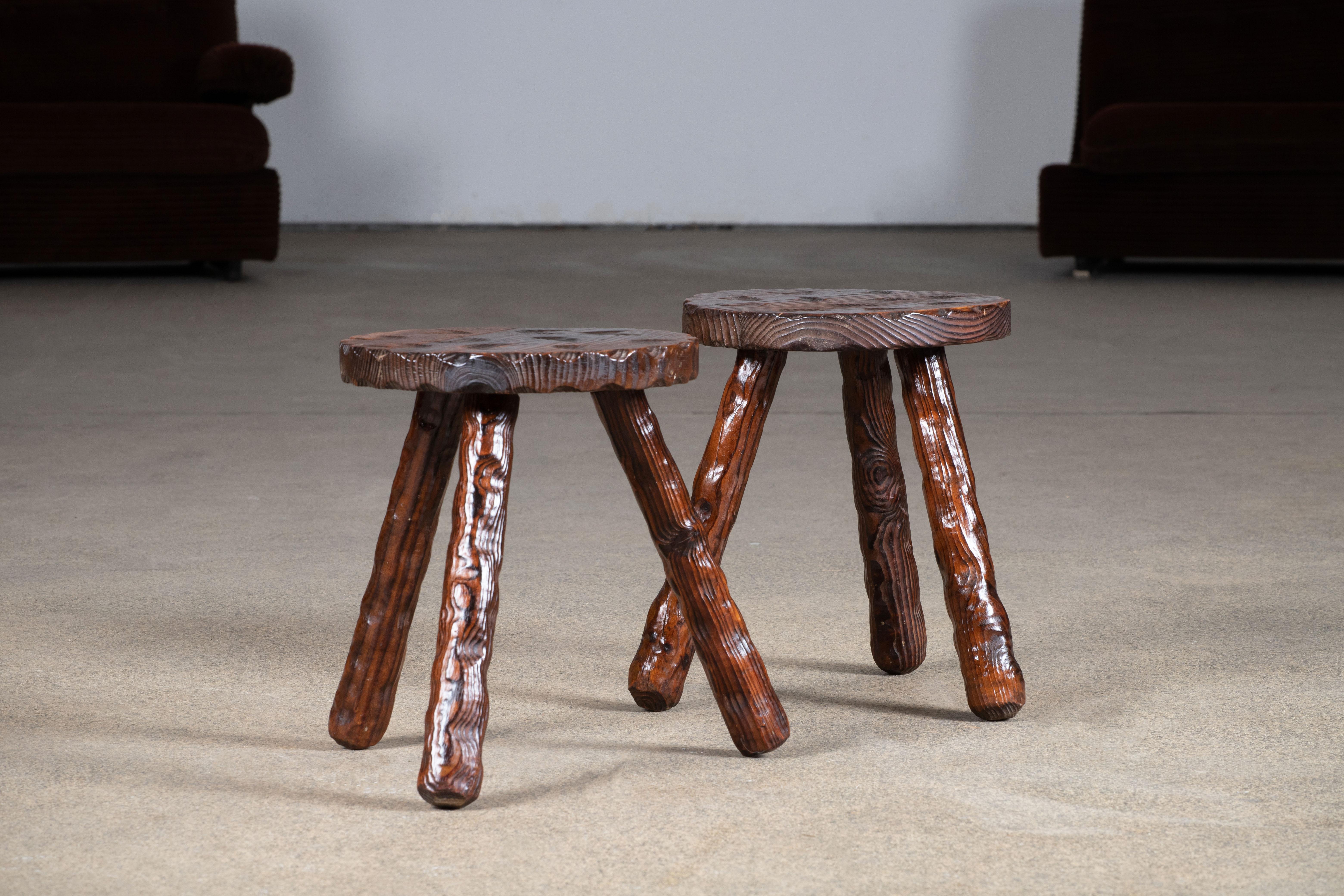 French Brutalist Handcarved Tripod Stool, a Pair For Sale 1