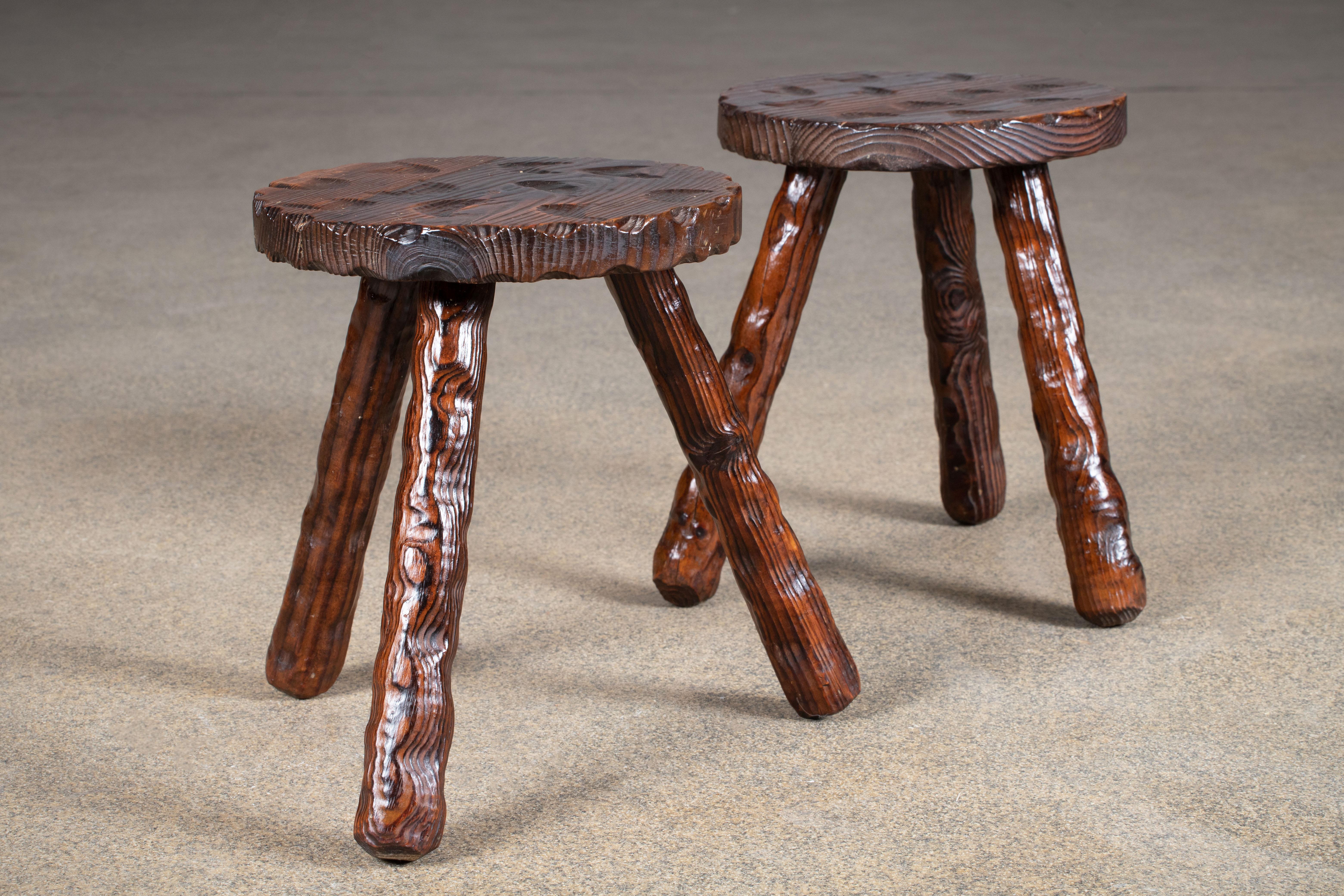 French Brutalist Handcarved Tripod Stool, a Pair For Sale 2