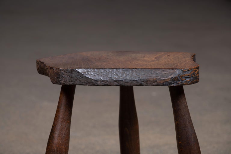 French Brutalist Handcarved Tripod Stool, a Pair For Sale at 1stDibs